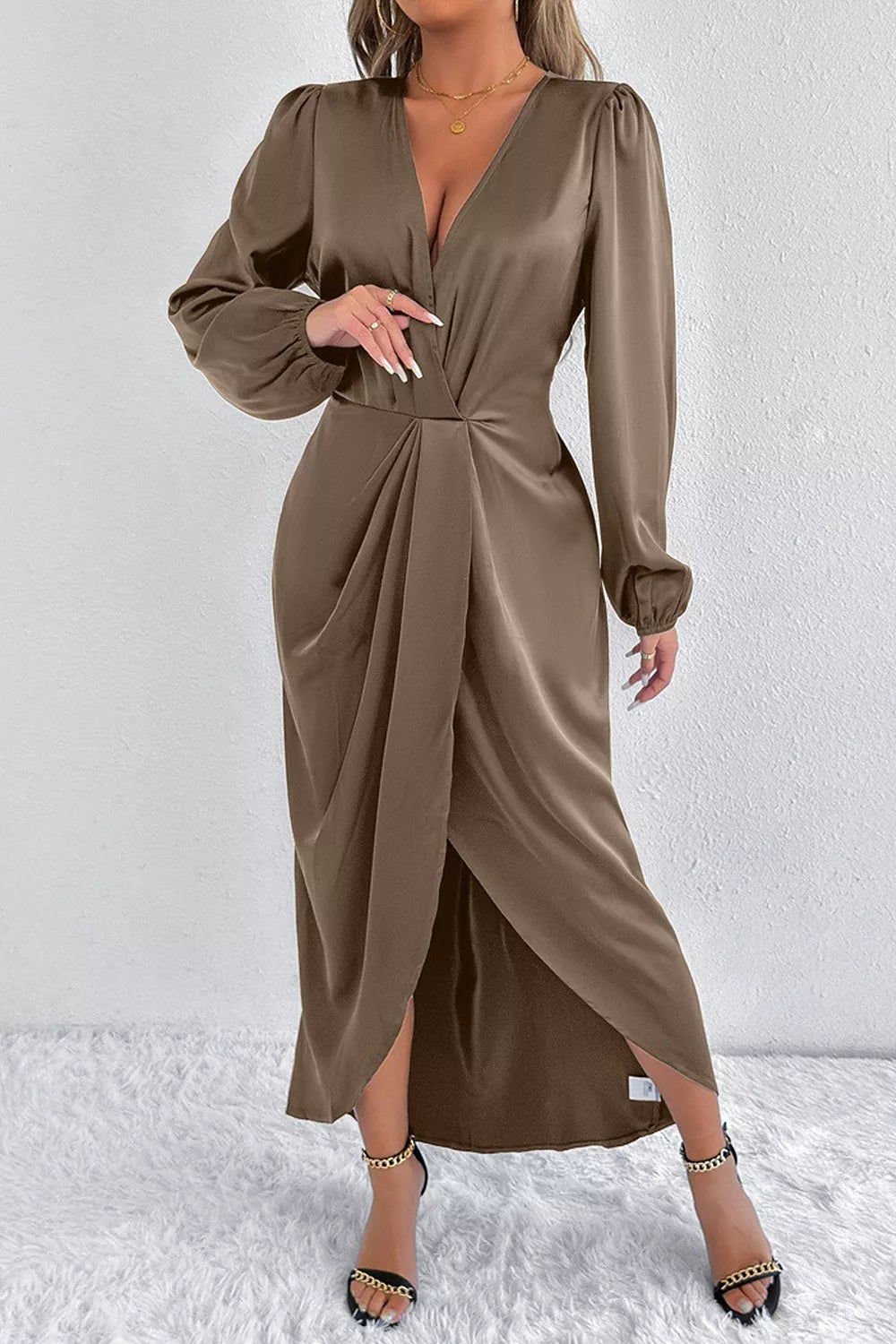 Satin Balloon Sleeve Midi Dress with Side Split