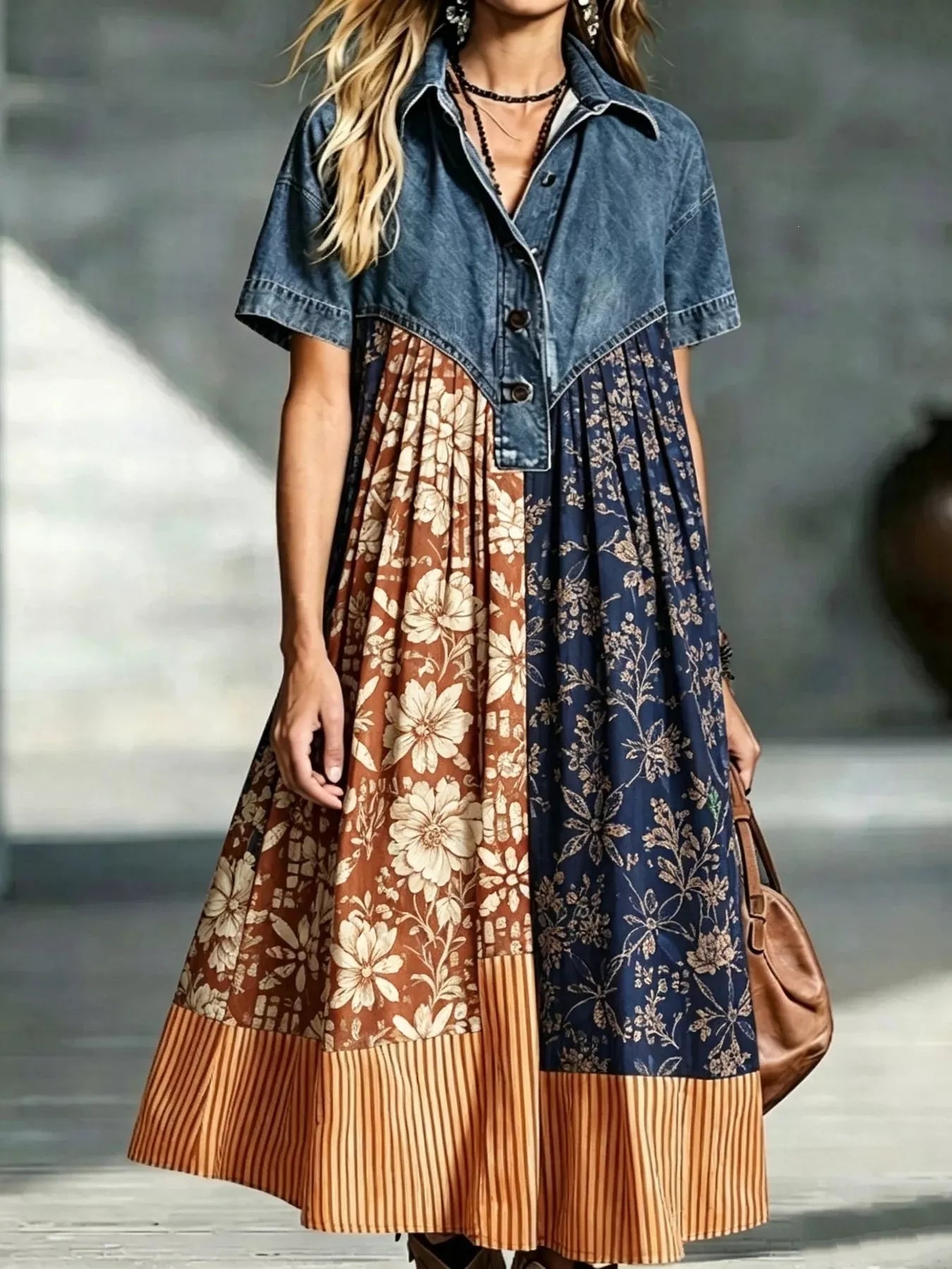 Denim Patchwork Print Shirt Dress