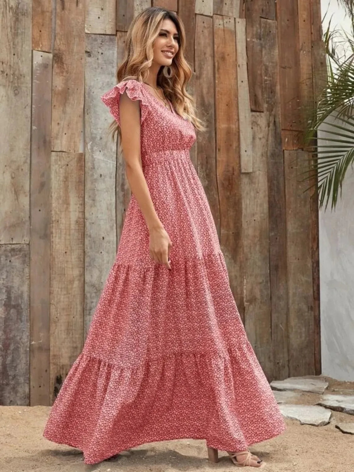 Ruffled Cap Sleeve V-Neck Maxi Dress