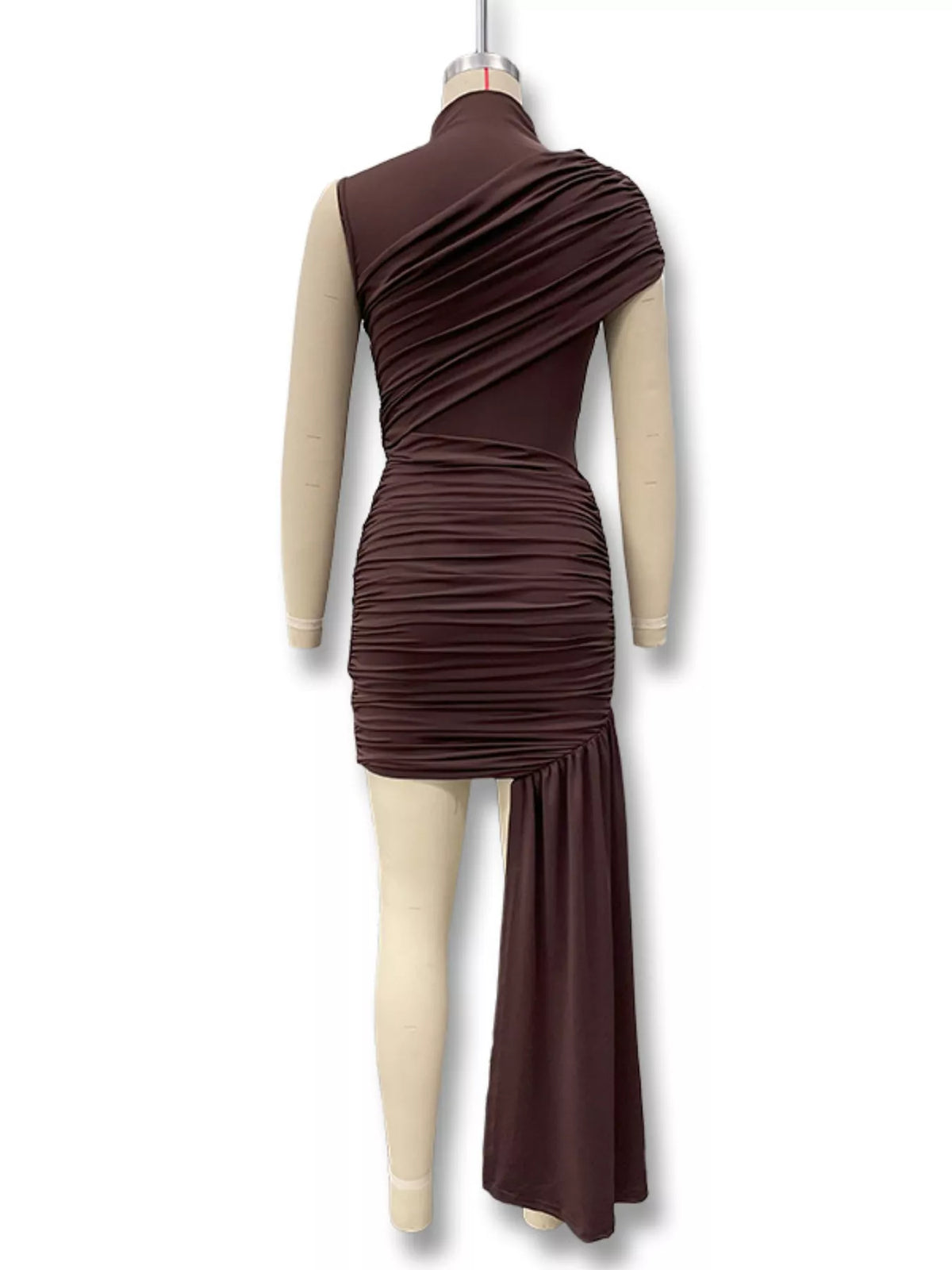 Ruched Mock Neck Dress in Dark Brown