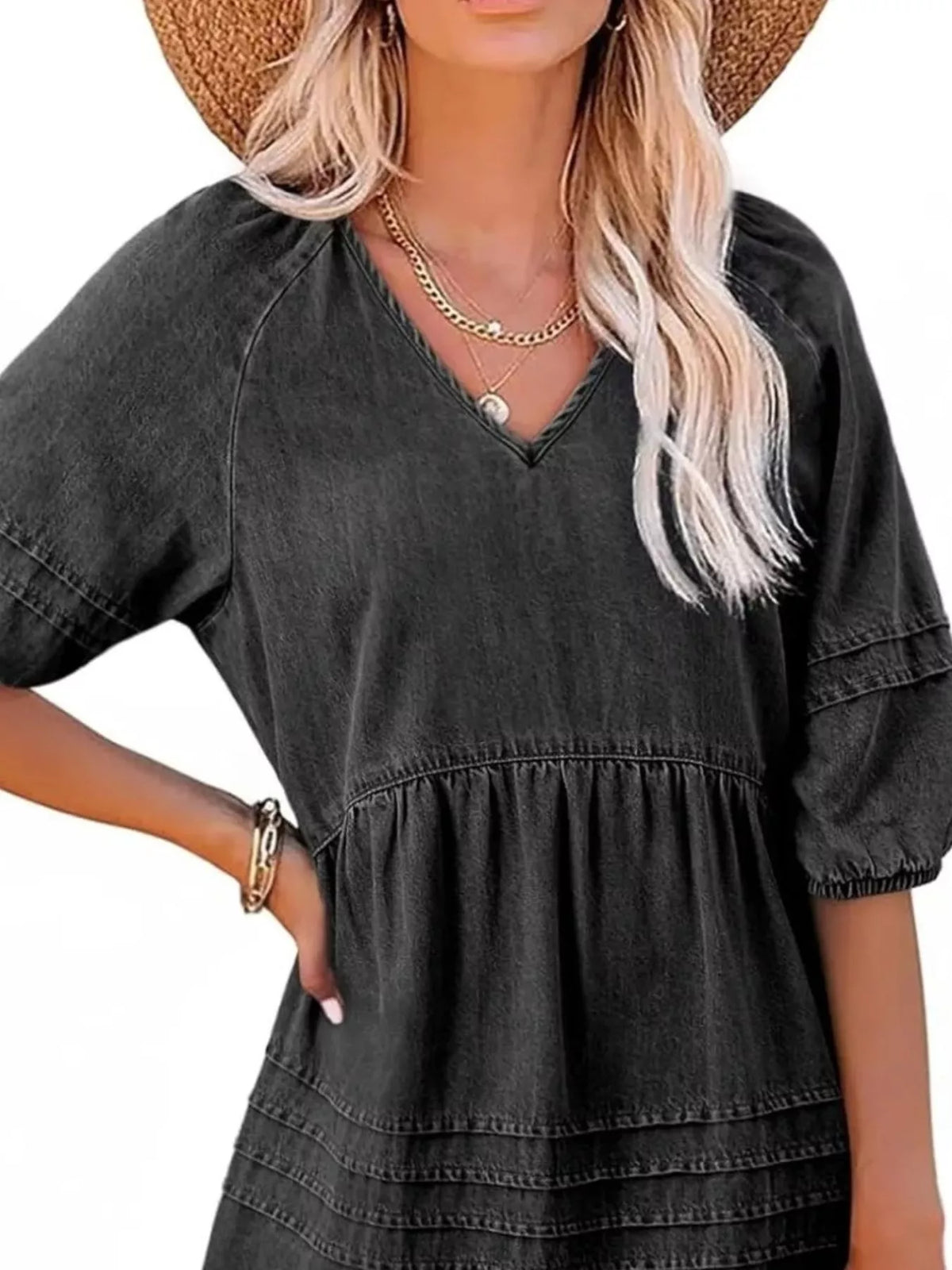 V-Neck Puff Sleeve Denim Mini Dress