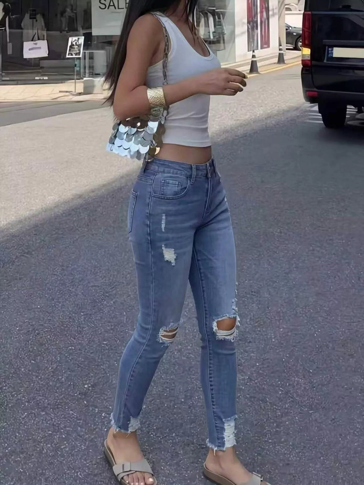 High-Waisted Distressed Skinny Jeans in Blue