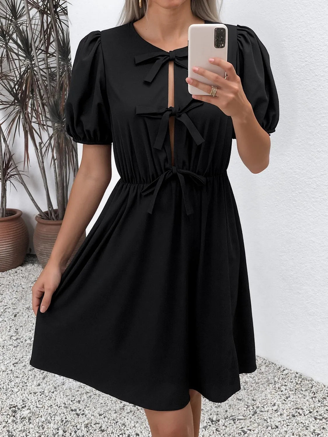Tie Front Puff Sleeve Mini Dress in Black