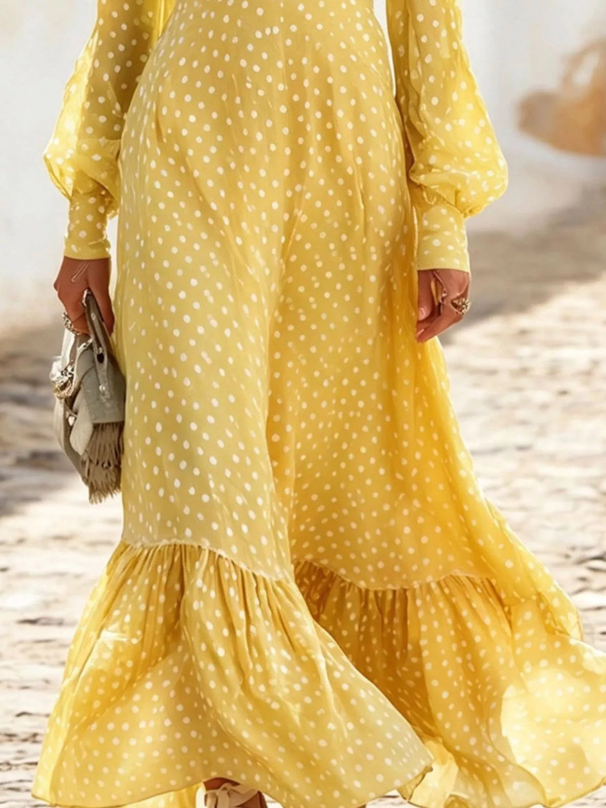 Polka Dot Ruffle V-Neck Maxi Dress