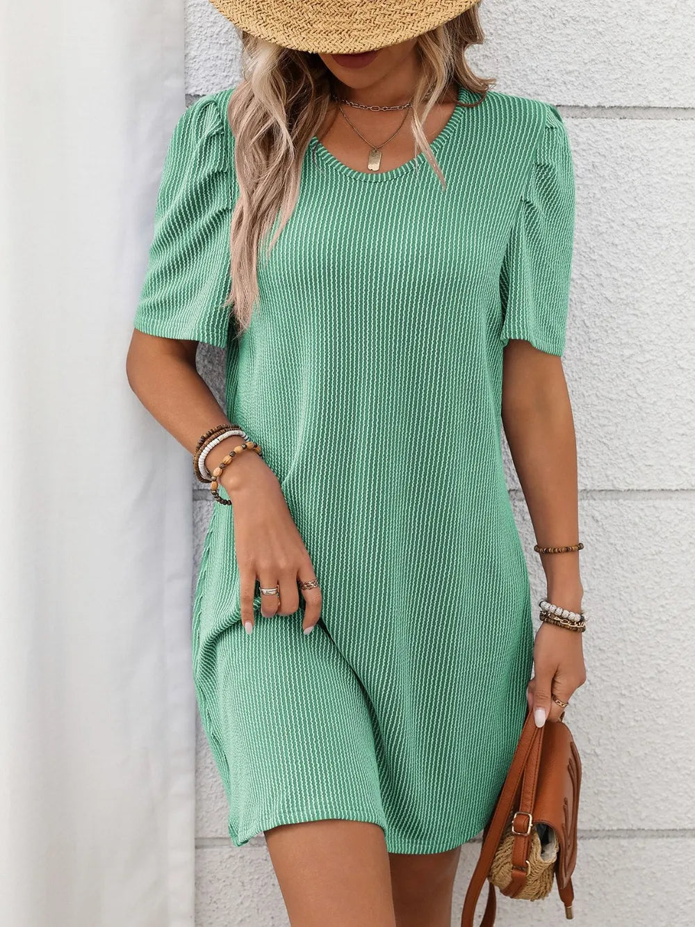 Textured Round Neck Short Sleeve Mini Dress