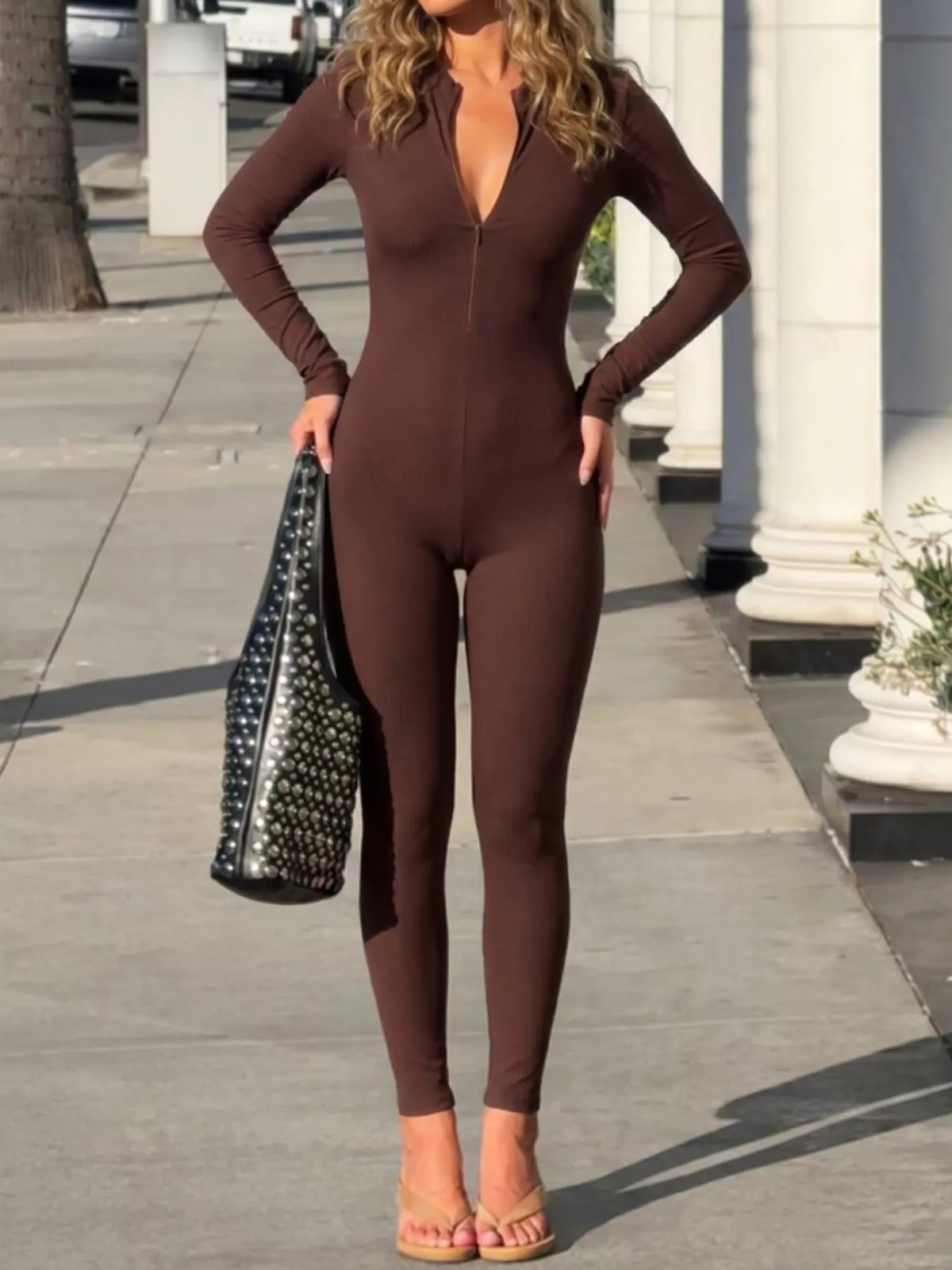 Ribbed Zip-Front Jumpsuit in Brown