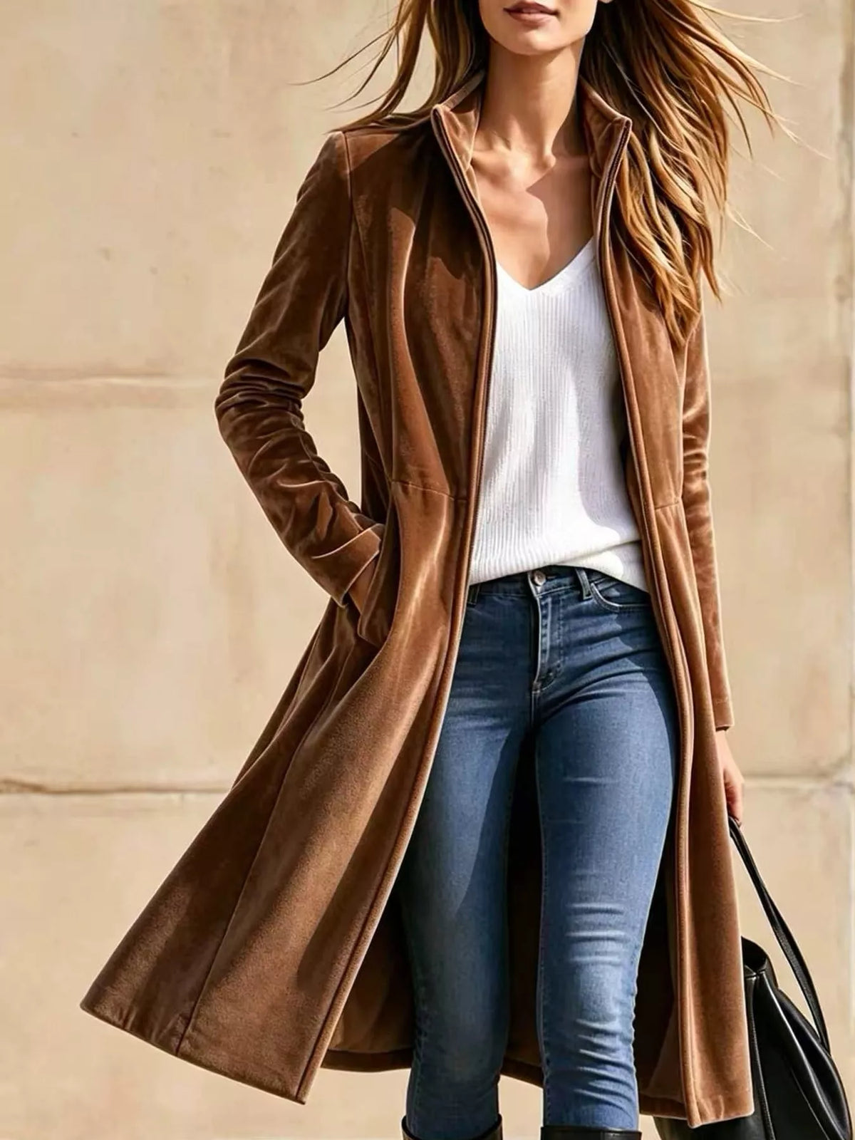Velvet Zip-Up Longline Jacket