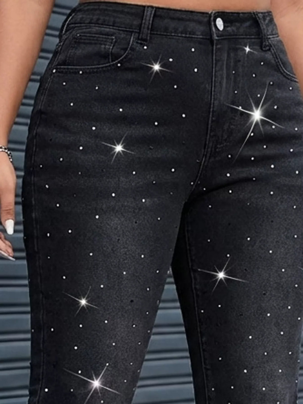 Rhinestone Embellished Flare Jeans in Black