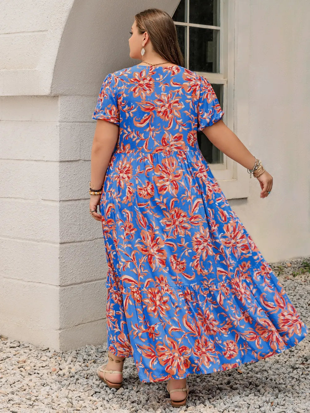 Ruffled Print V-Neck Maxi Dress in Blue
