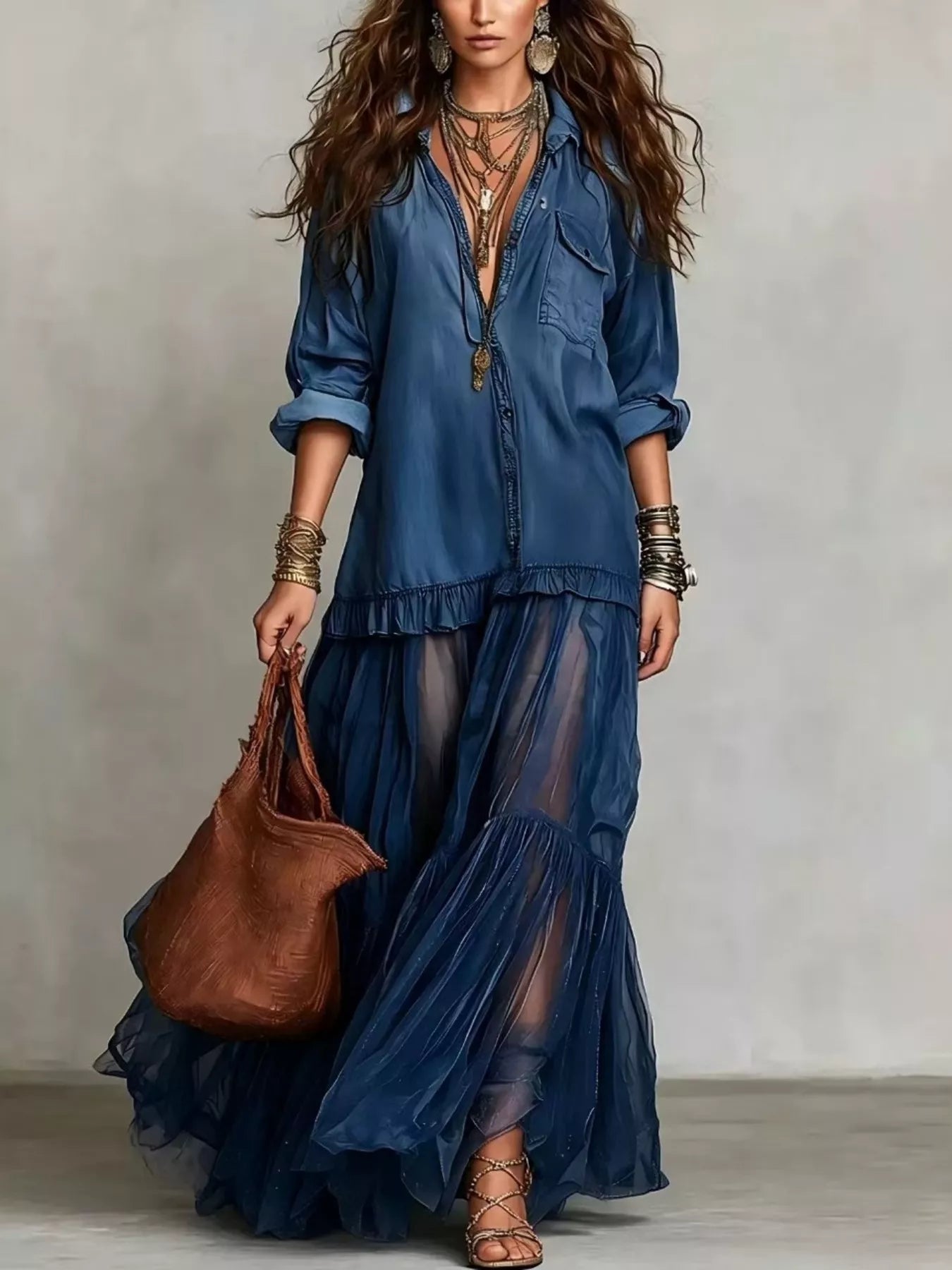 Tiered Long-Sleeve Denim Shirt Maxi Dress, Plus Size