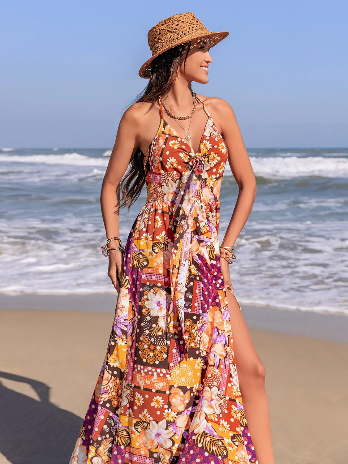 Printed Halter Neck Cami Dress in Multicolor