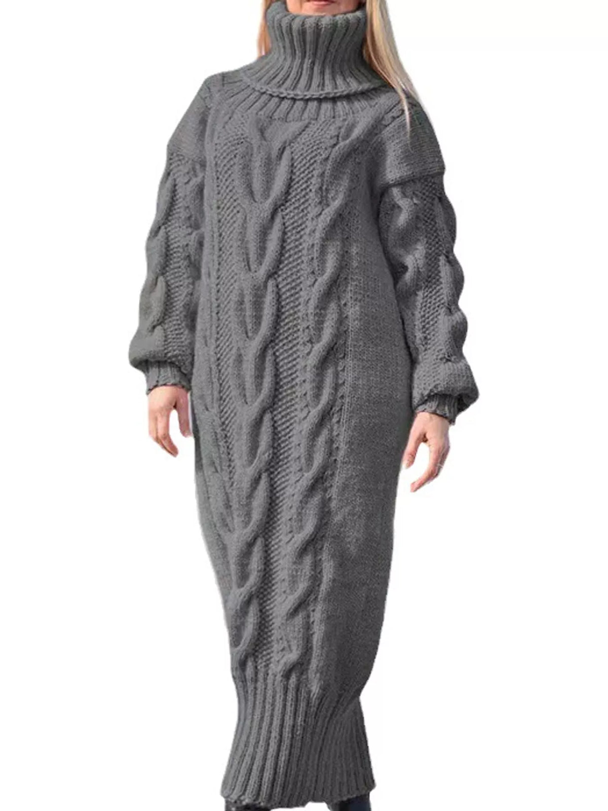 Oversized Chunky Cable Knit Turtleneck Sweater Dress