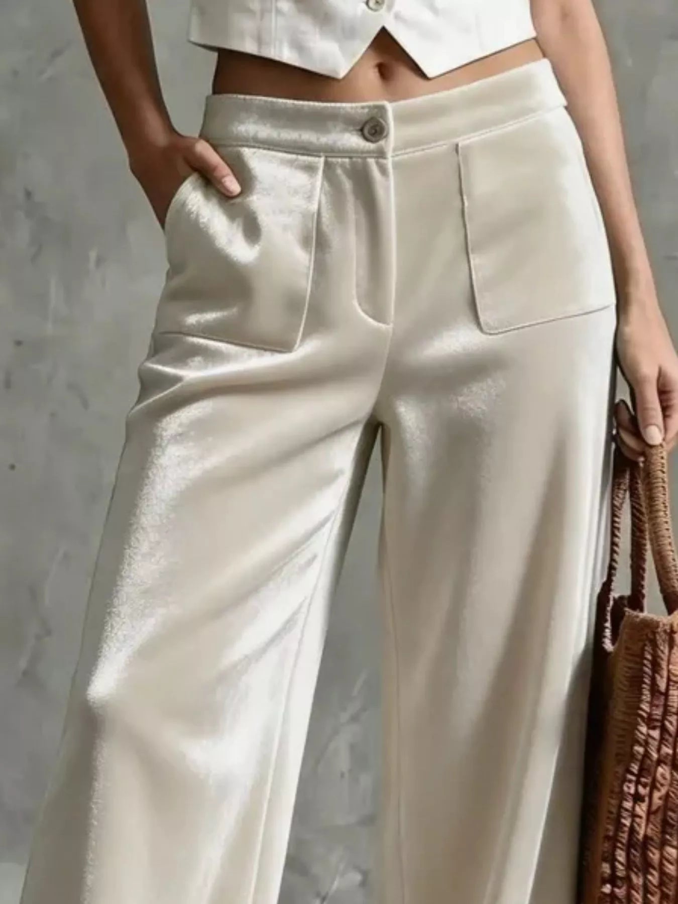Velvet Wide-Leg Pants with Pockets