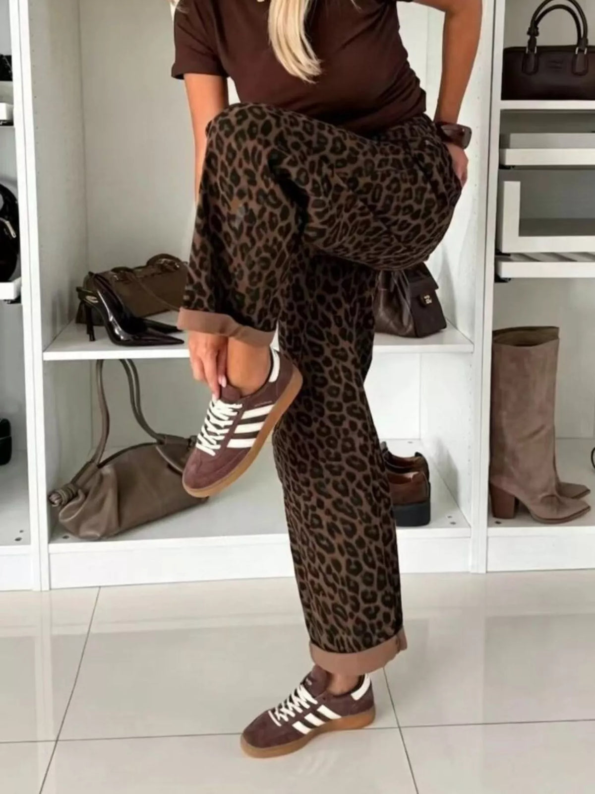 Leopard Print Wide Leg Jeans in Brown
