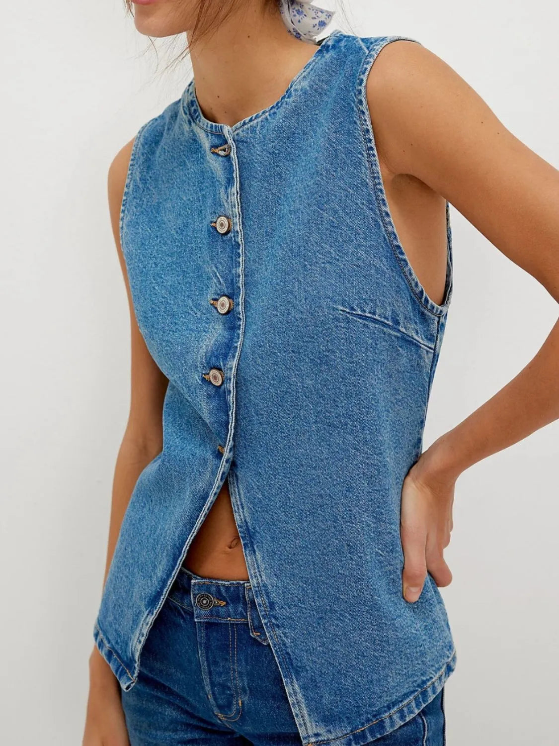 Button Down Round Neck Denim Vest