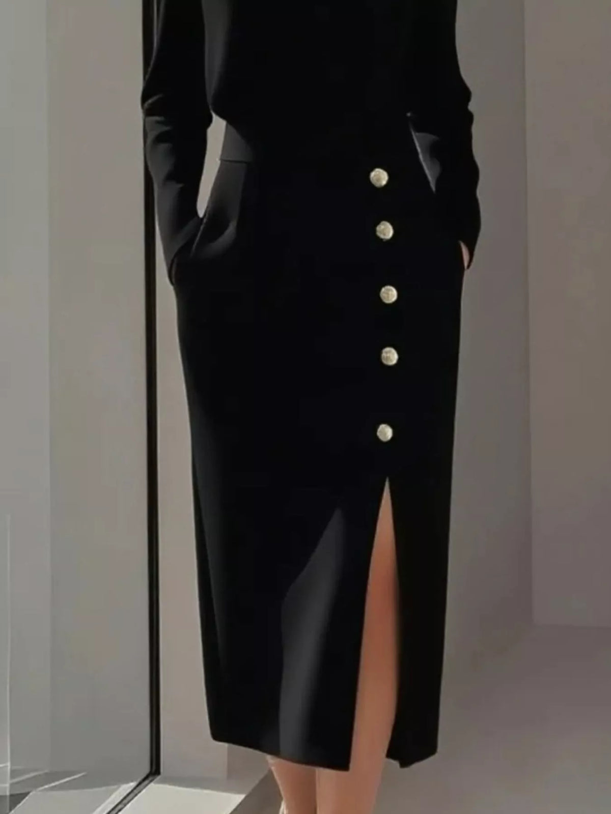 Button Detail Midi Dress with Side Slit