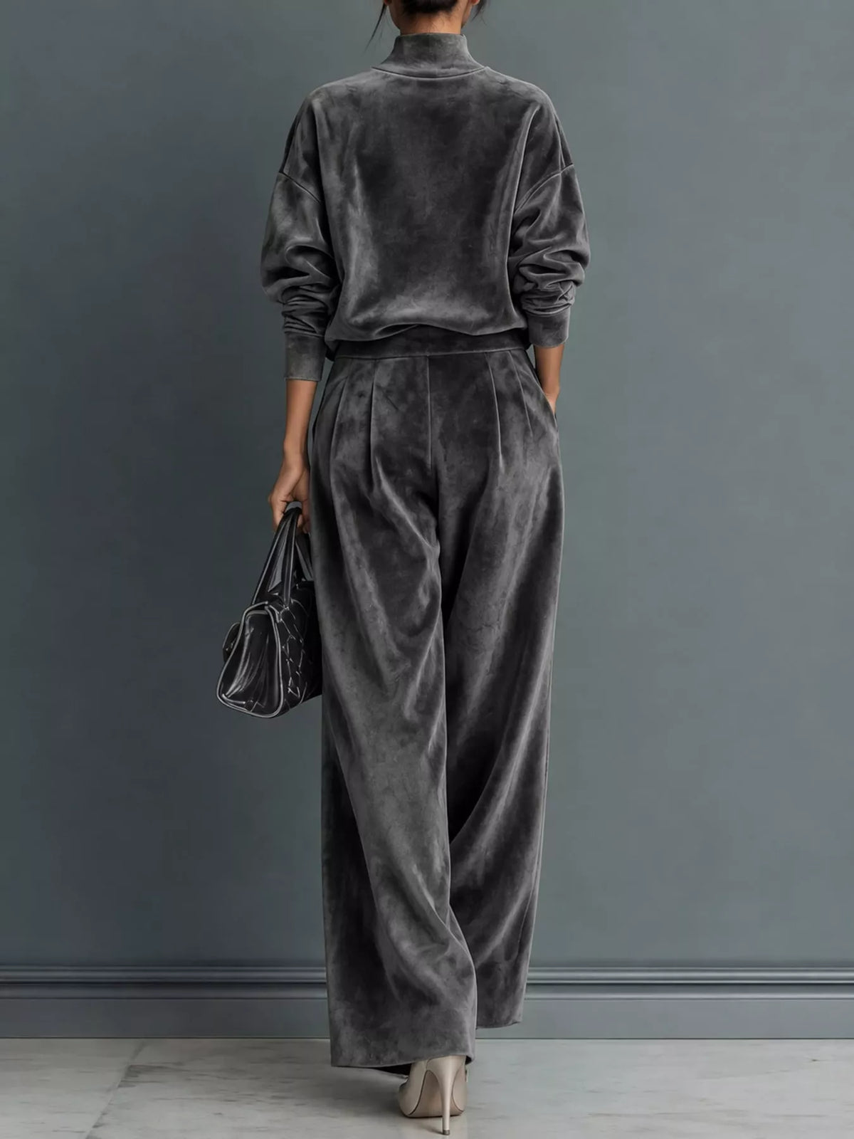 Velvet Mock Neck Top and Wide-Leg Pants Set
