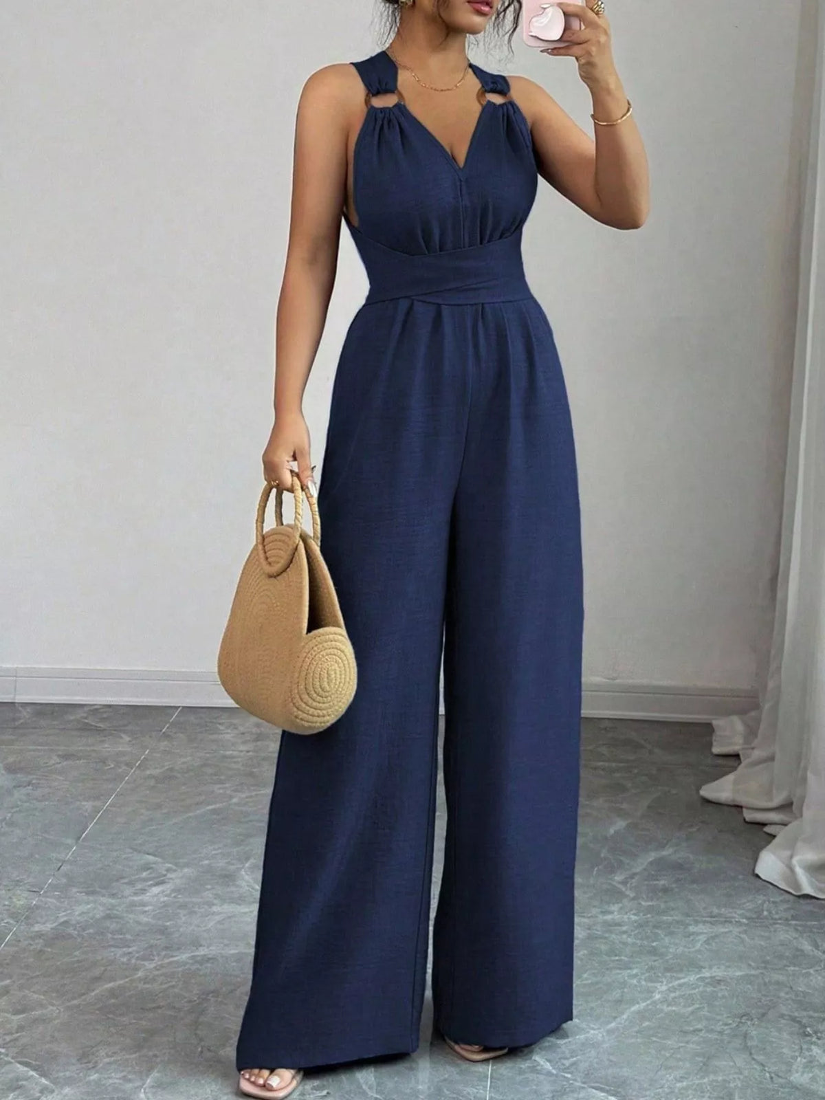 Sleeveless V-Neck Wide-Leg Jumpsuit with O-Ring Detail