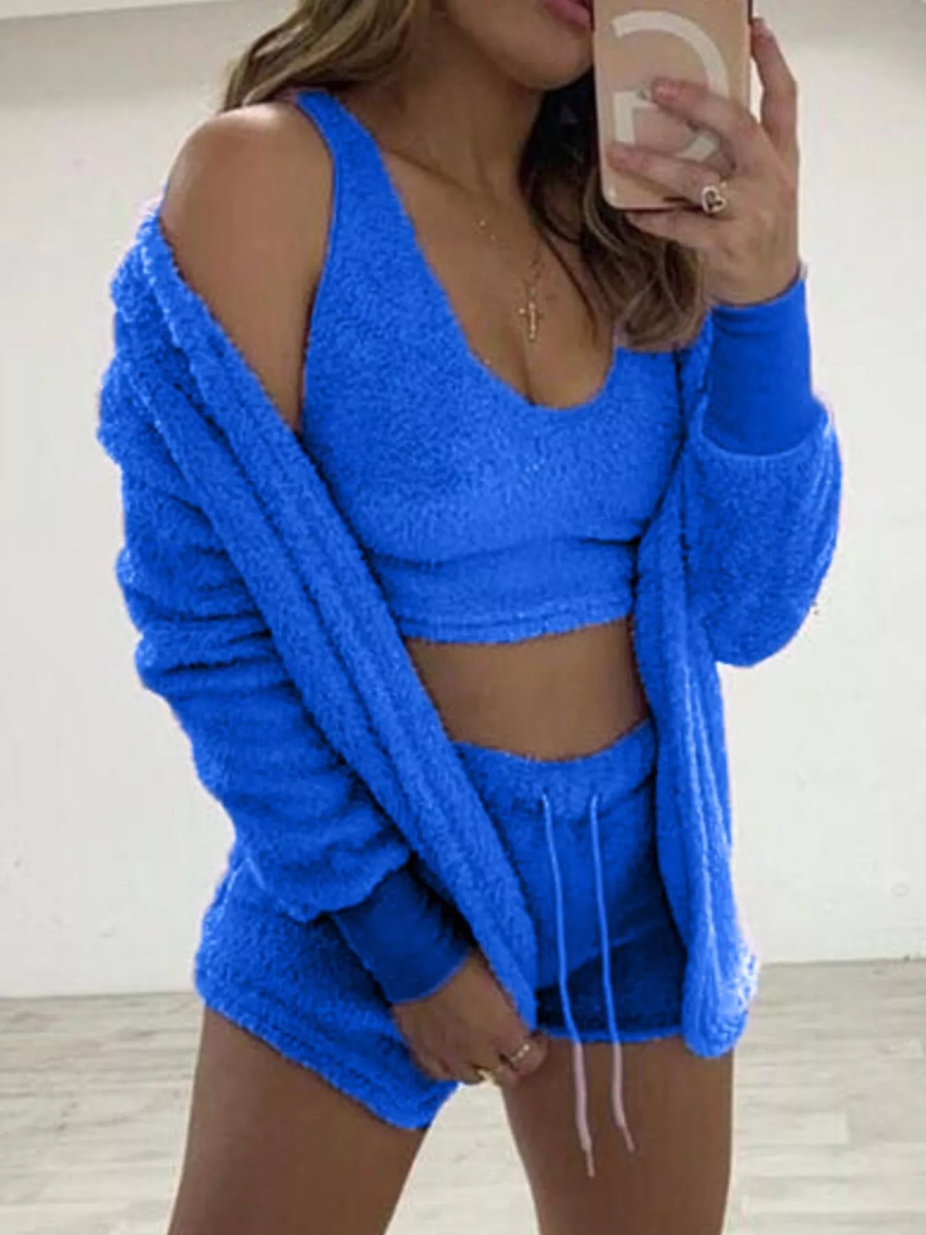 Fuzzy Tank, Cardigan & Shorts Three-Piece Set