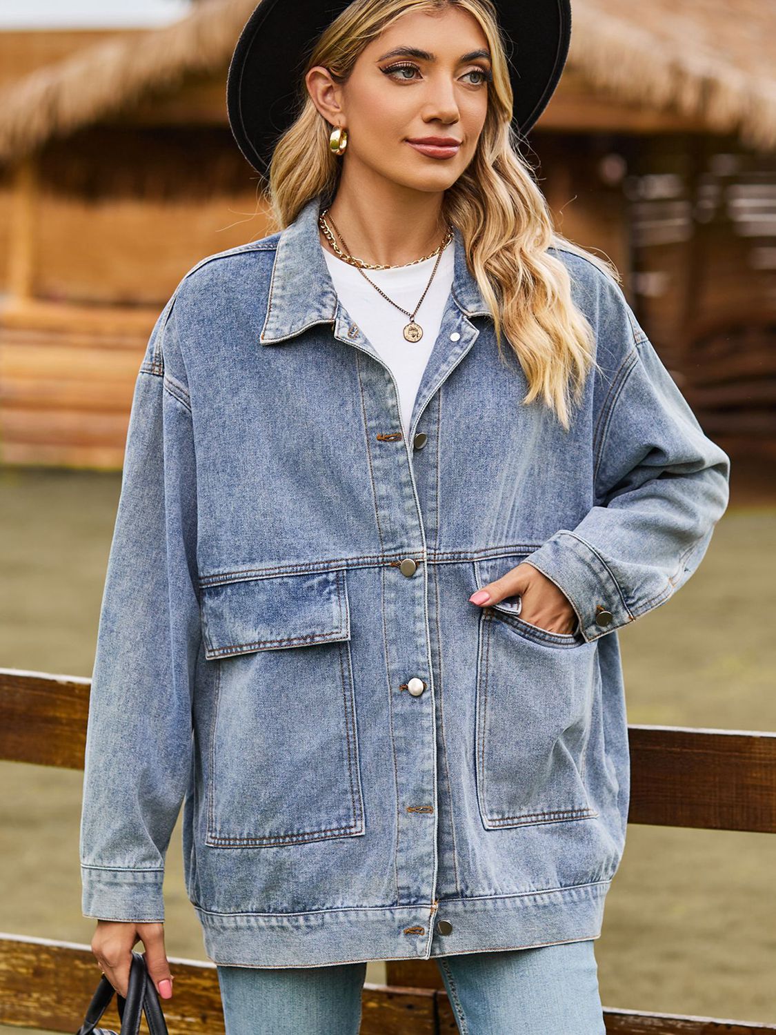 Dropped Shoulder Denim Jacket with Pockets by Manny