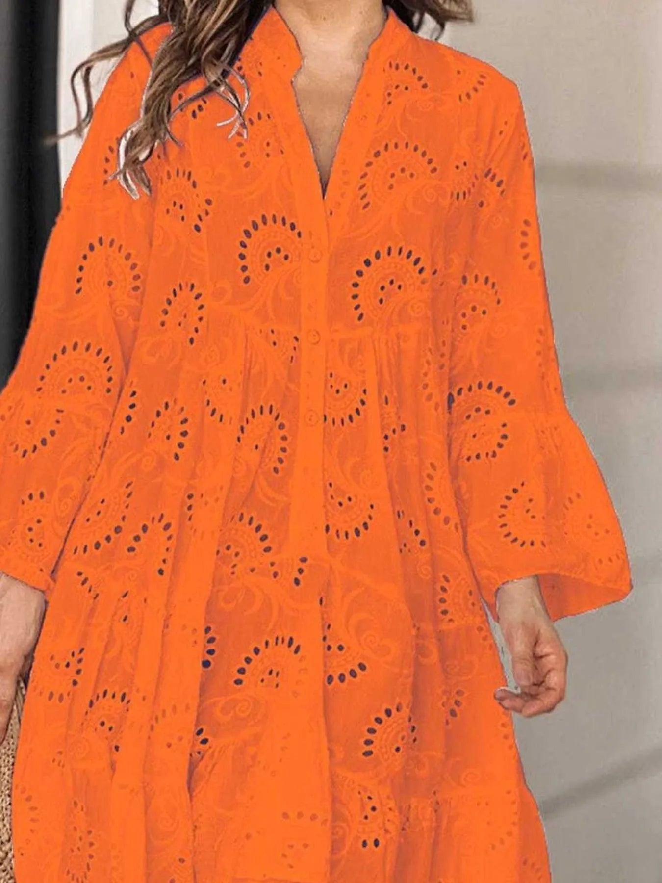 Eyelet V-Neck Tiered Ruffle Dress