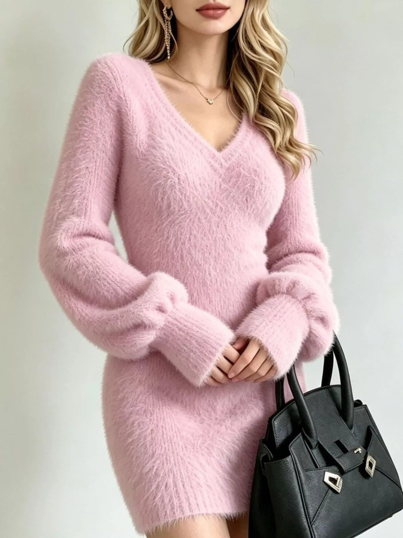 Fuzzy Knit V-Neck Sweater Dress