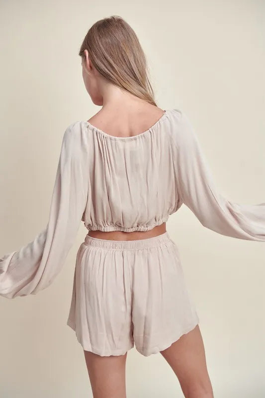 Gauze Button Crop Top and Shorts Set in Light Taupe in Lt Taupe