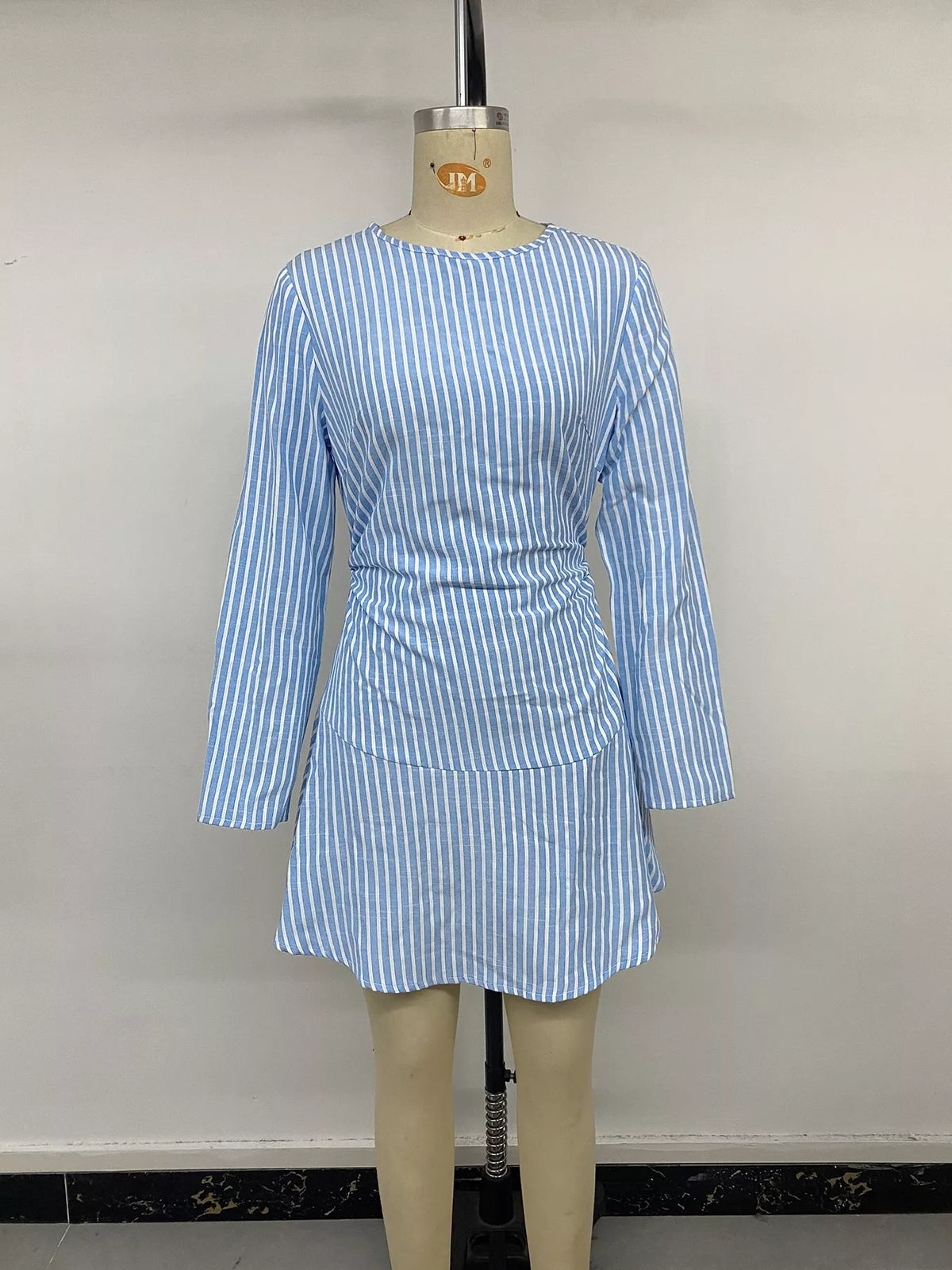 Striped Ruched Mini Dress in Blue