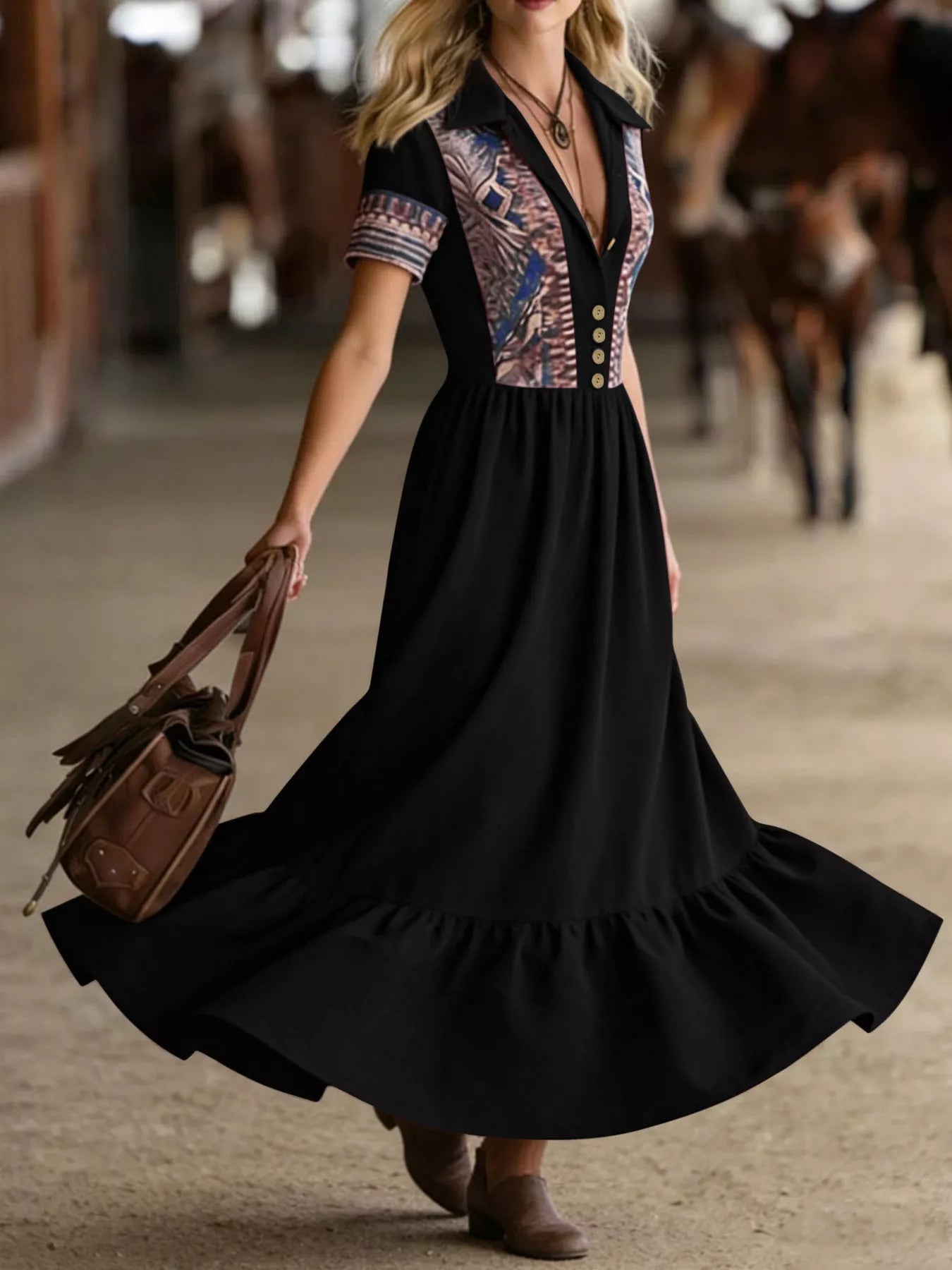 Printed Button-Front Maxi Dress