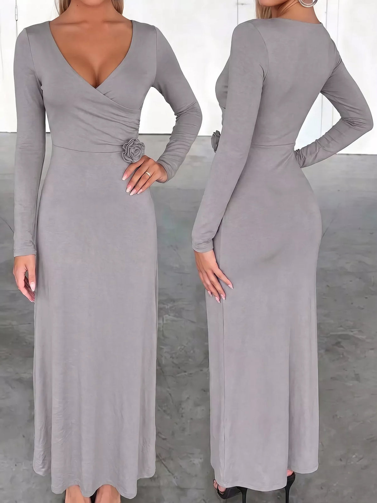 Surplice Long Sleeve Midi Dress in Gray