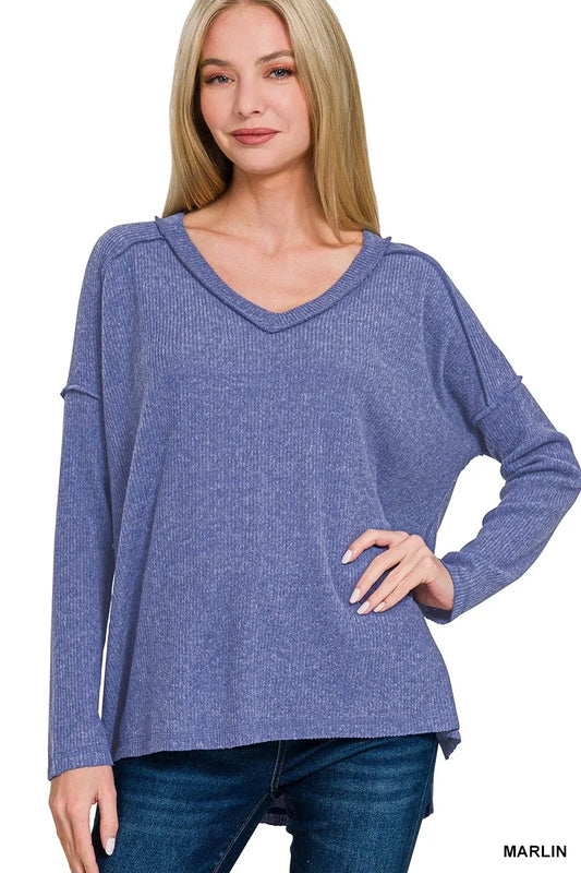 Zenana Hacci Drop Shoulder V-Neck Sweater in Marlin
