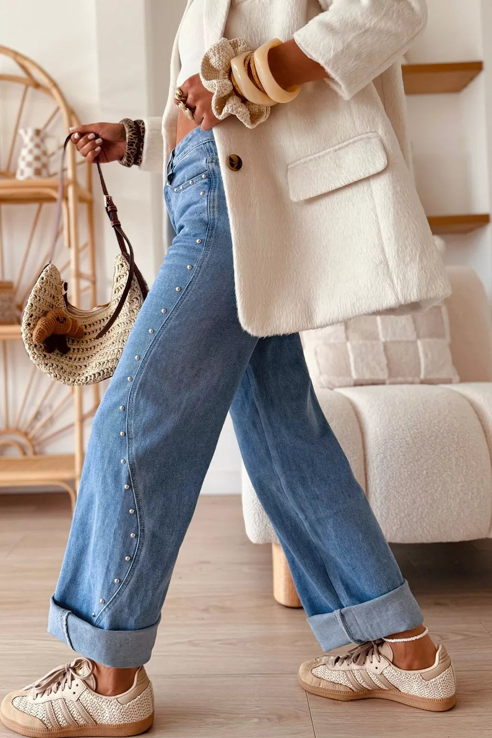 Studded Ankle Length Jeans in Dusty Blue