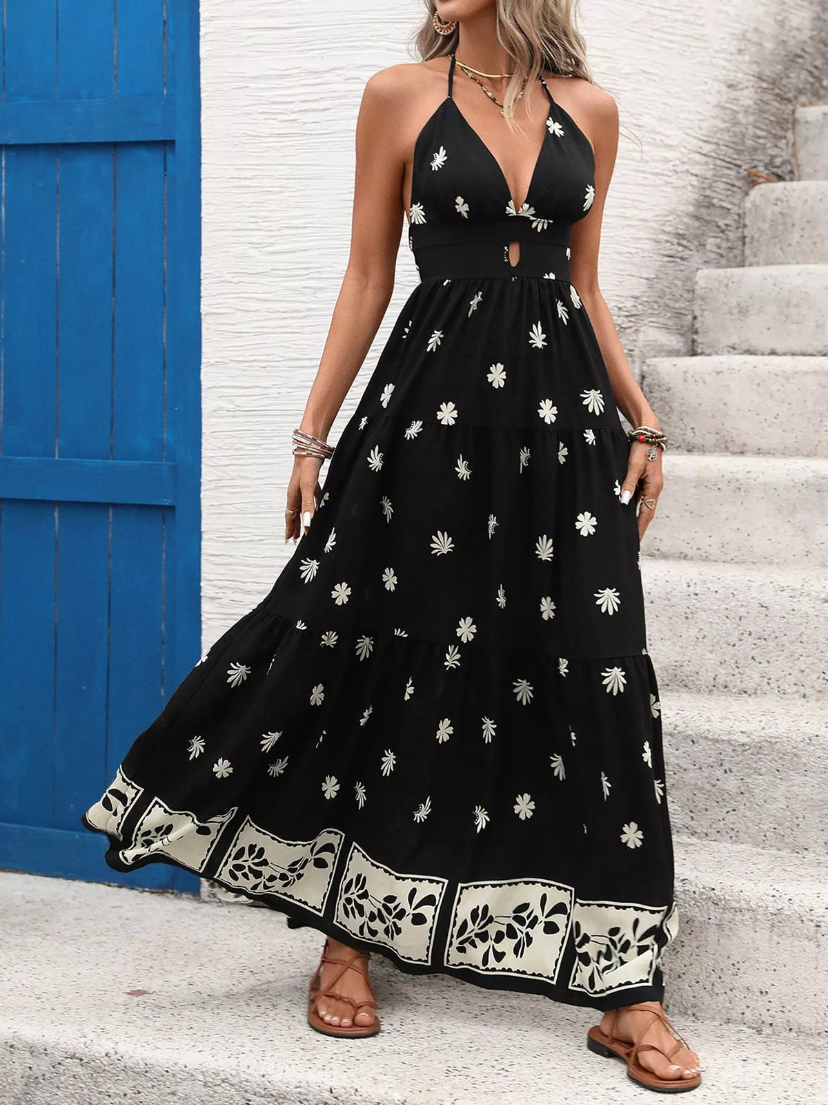 Printed Halter Neck Maxi Dress in Black