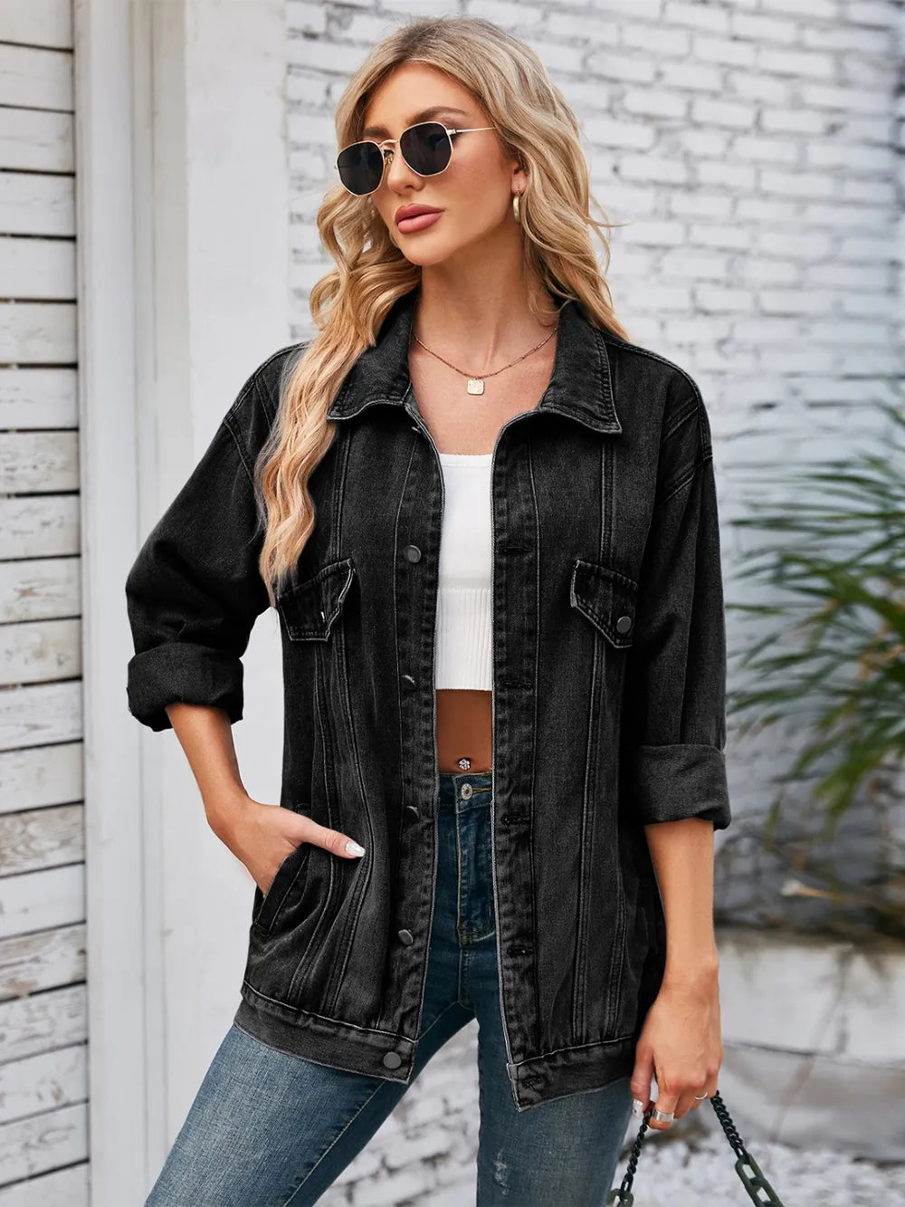 Button-Up Long Sleeve Denim Jacket with Pockets by Manny