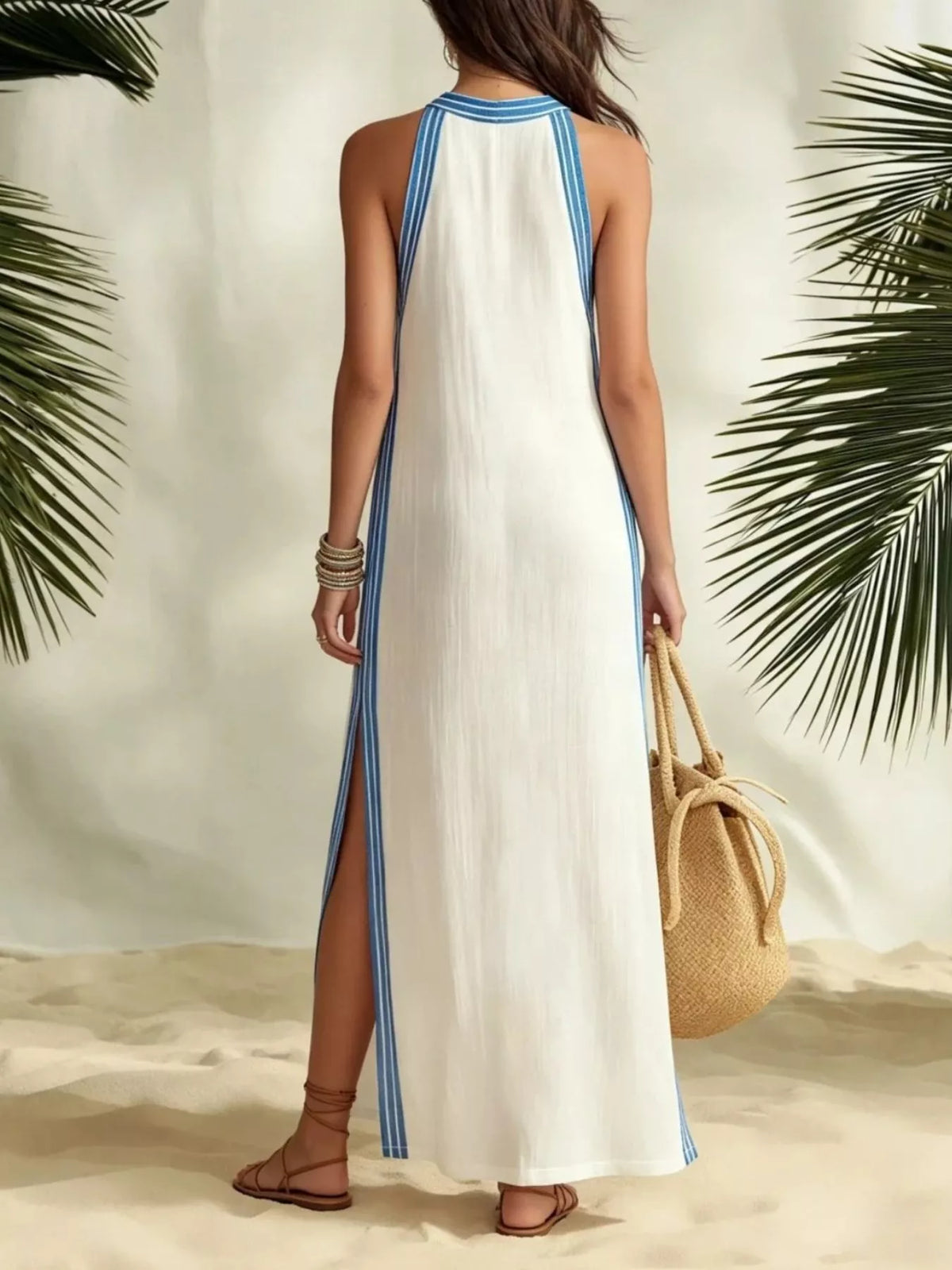 Striped Sleeveless Maxi Dress with Side Slit