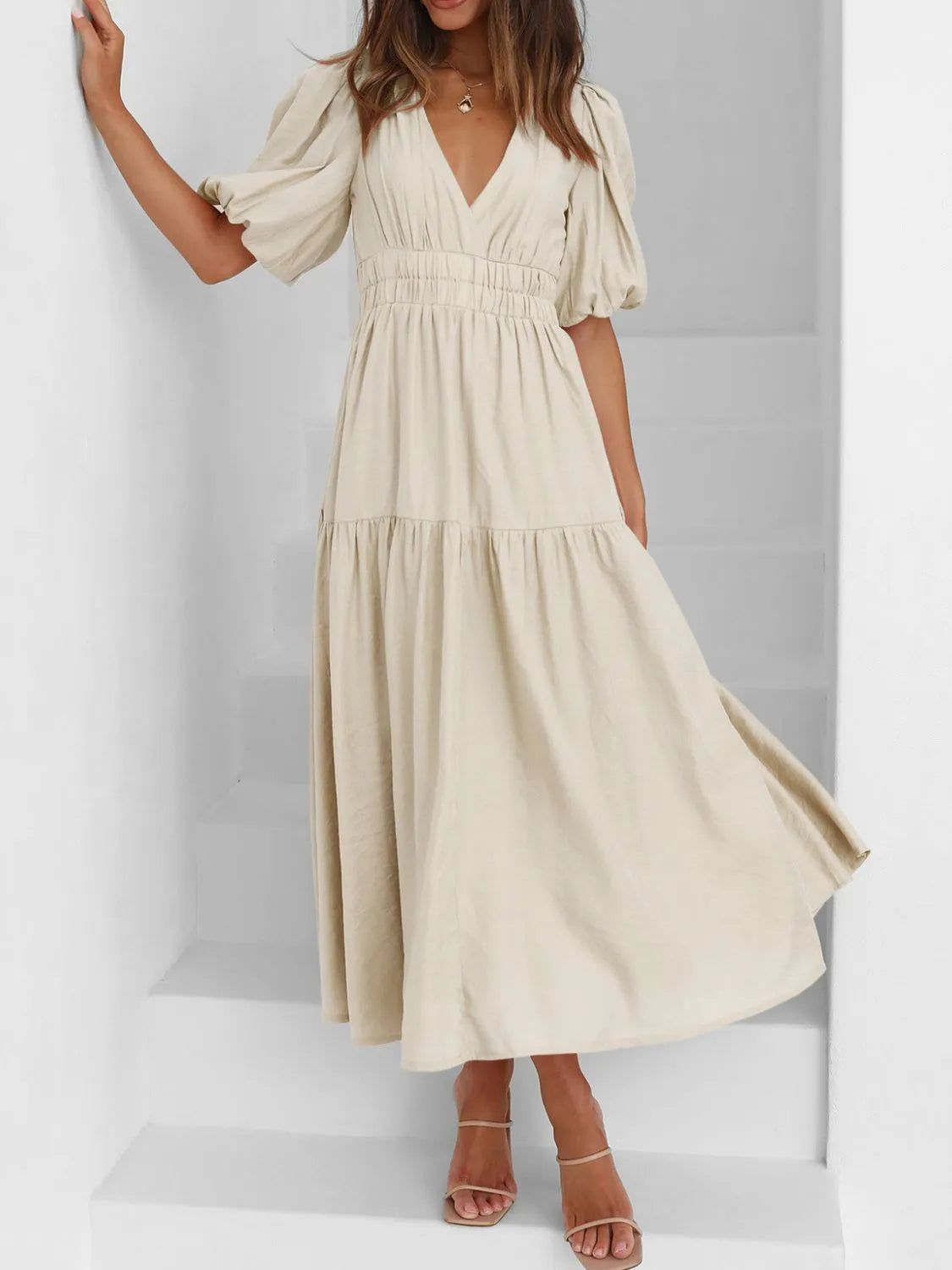 V-Neck Puff Sleeve Ruched Midi Dress
