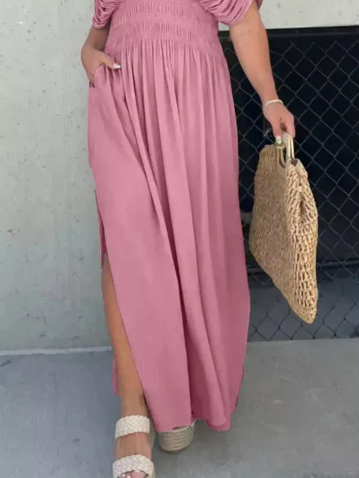 Smocked Waist V-Neck Slit Maxi Dress