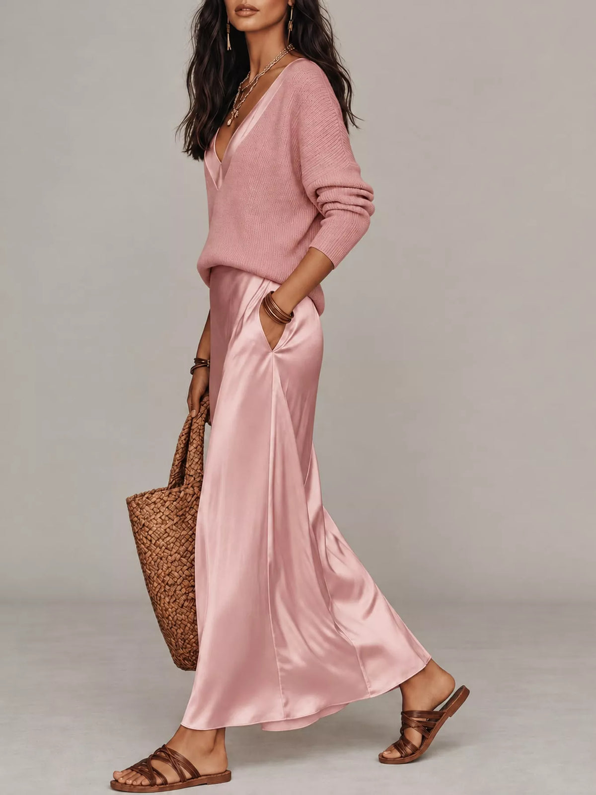 V-Neck Top and Satin Midi Skirt Set