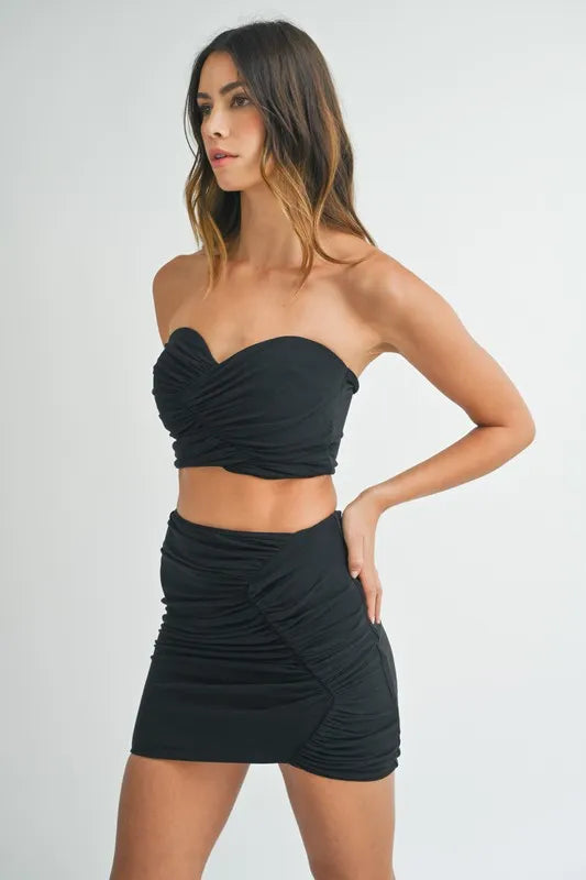 Ruched Tube Top and Skirt Set in Black