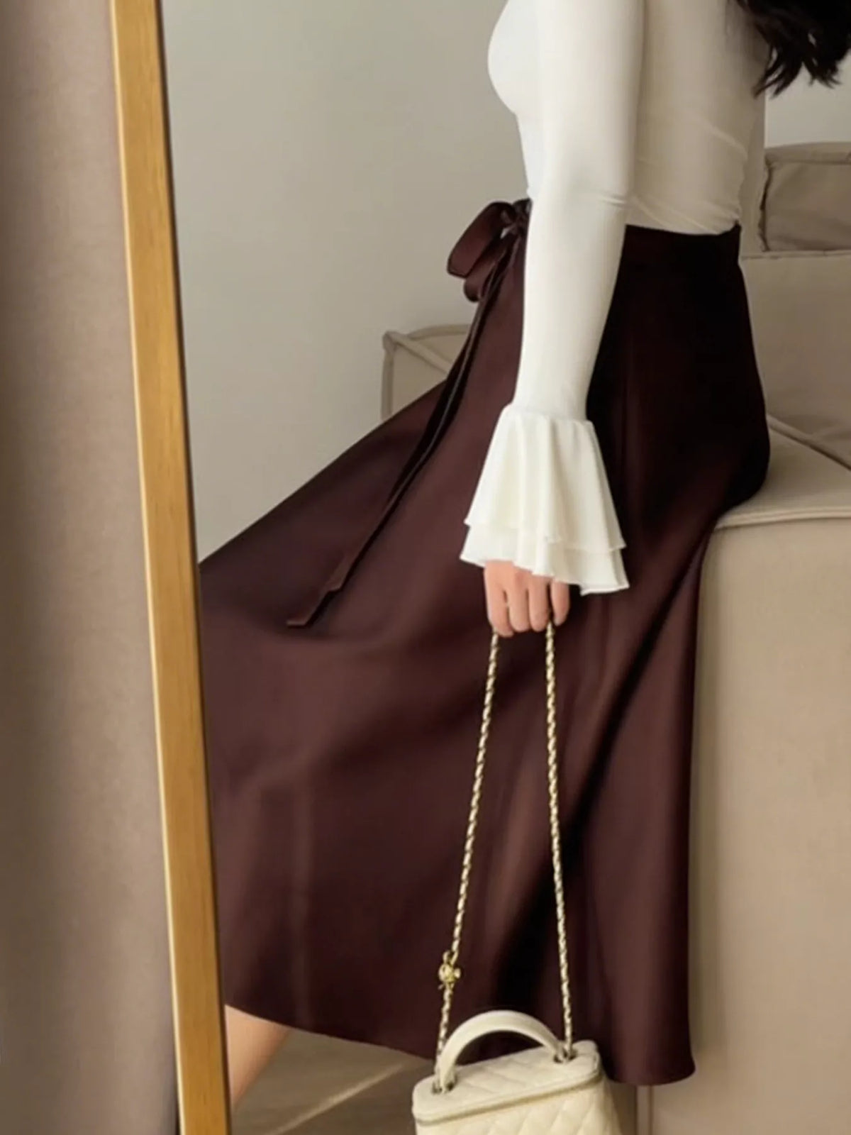 Satin A-Line Midi Skirt in Burgundy
