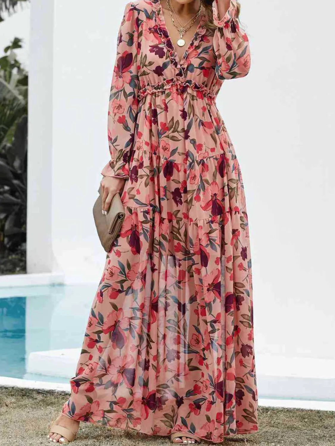 Frill V-Neck Flounce Sleeve Dress in Burnt Coral