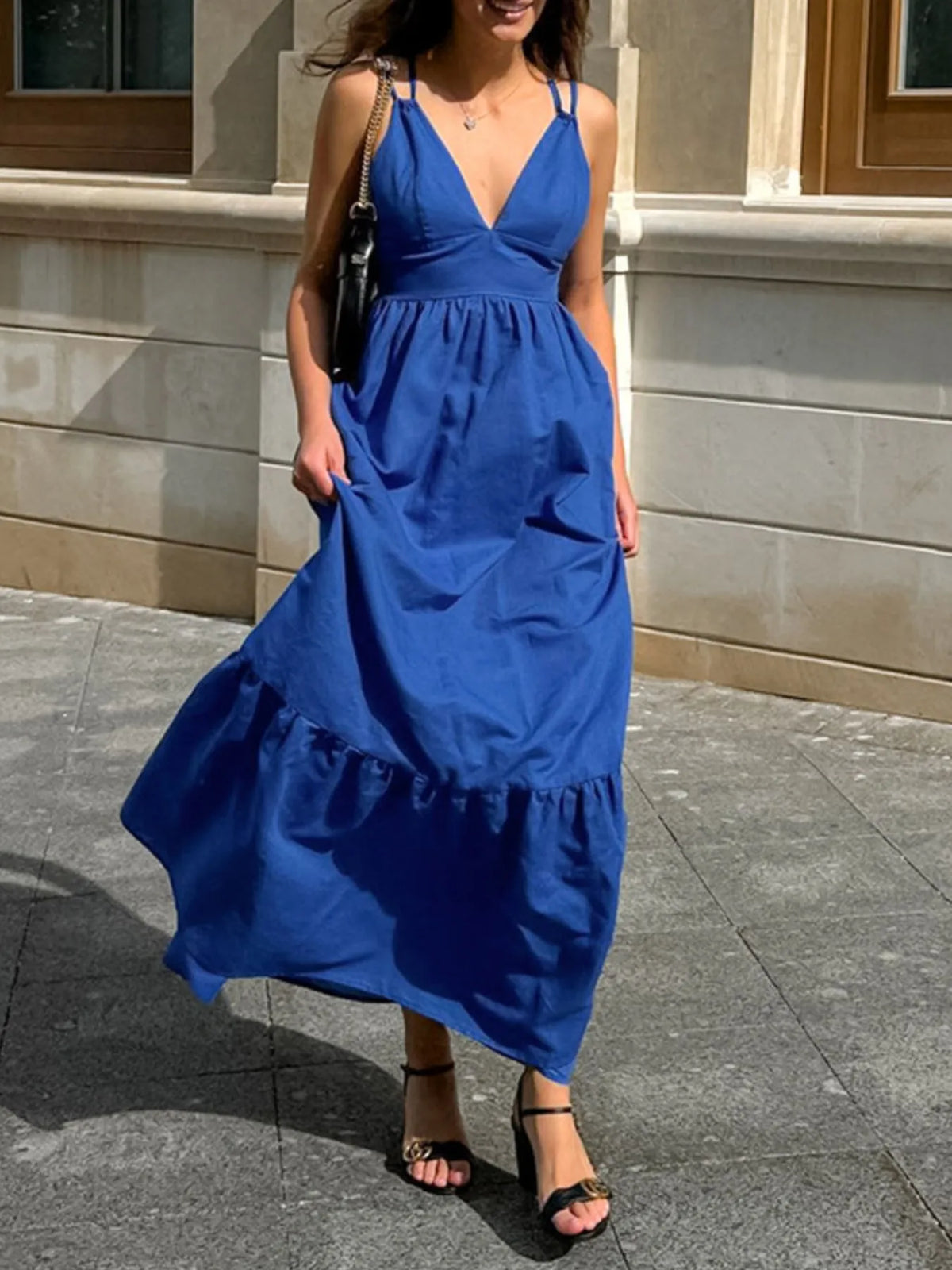 V-Neck Tiered Maxi Cami Dress in Blue