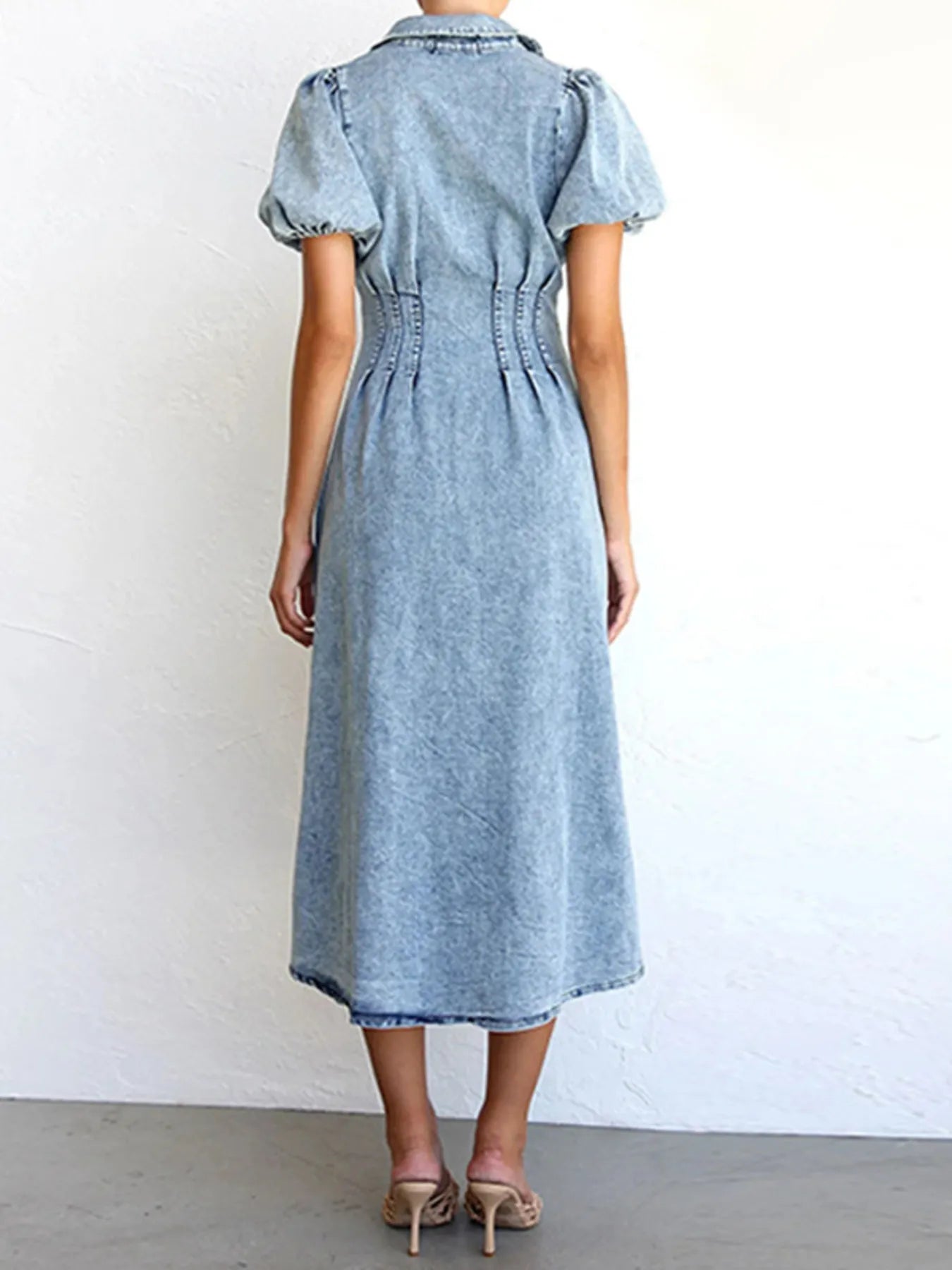 Puff Sleeve Button-Front Denim Midi Dress in Blue