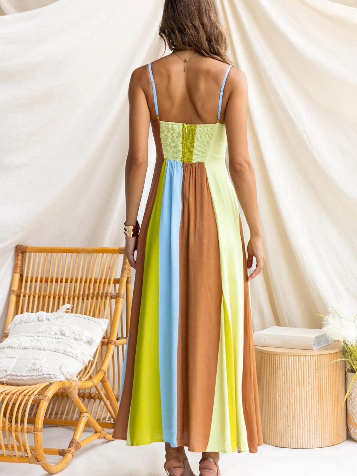 Color Block Spaghetti Strap Maxi Dress in Green