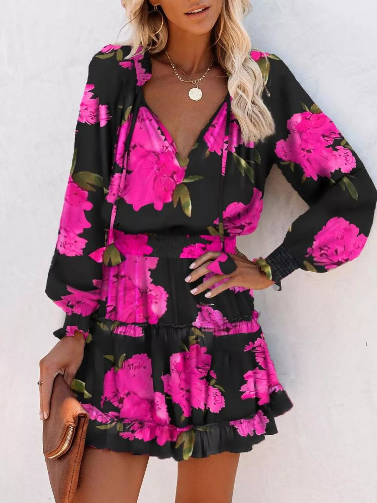Tie-Neck Lantern Sleeve Dress with Tiered Ruffles
