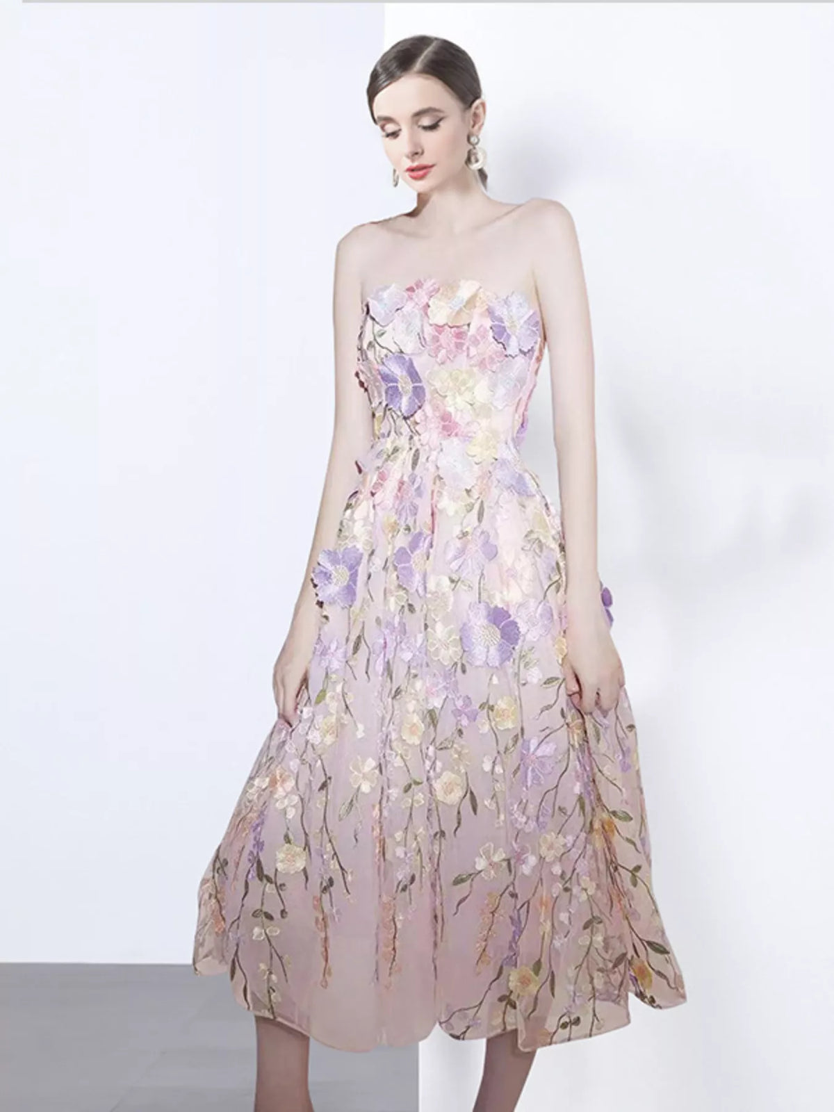 Strapless Floral Applique Midi Dress with Lace Detail