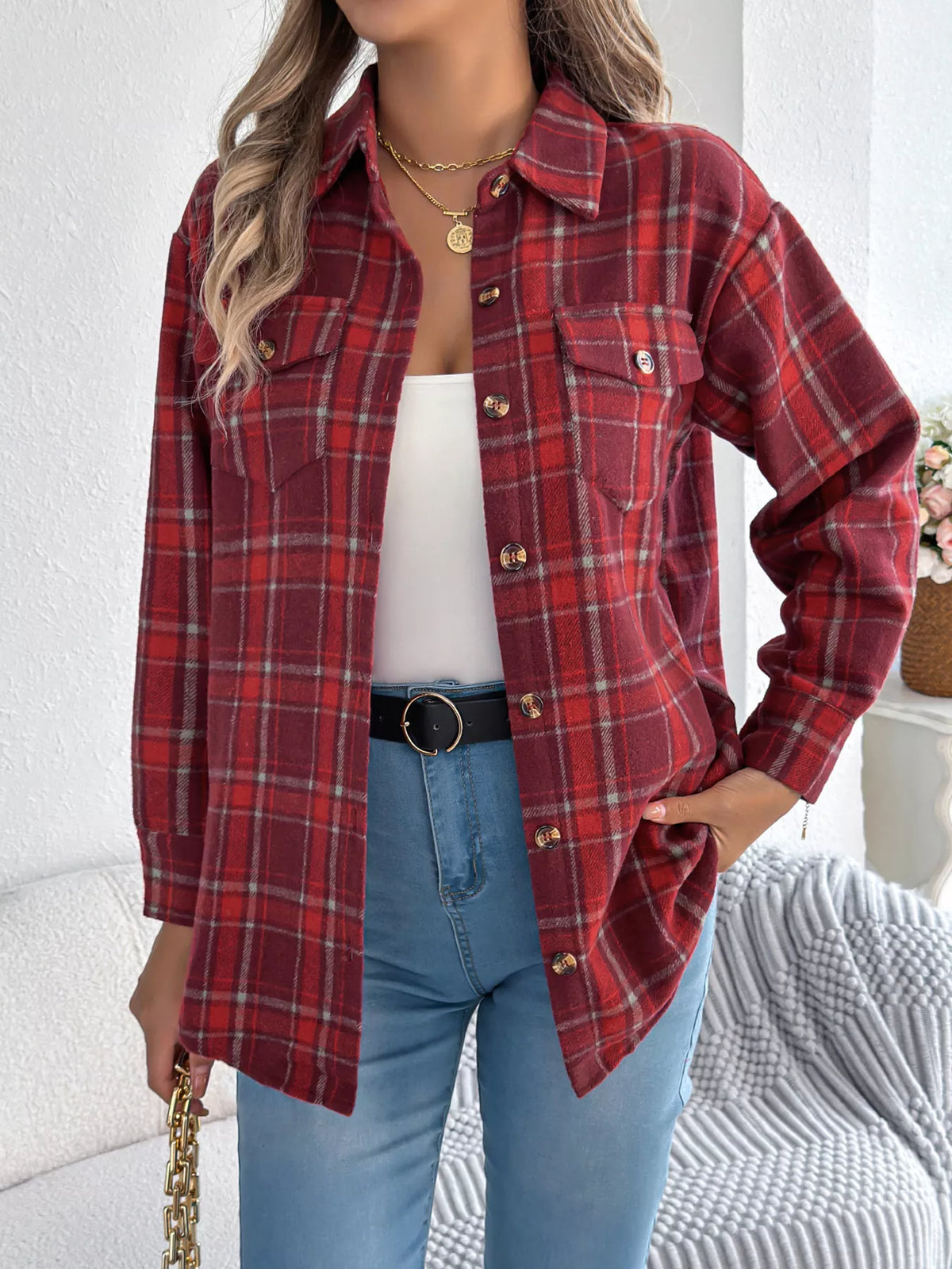 Plaid Button-Down Shacket by Clise