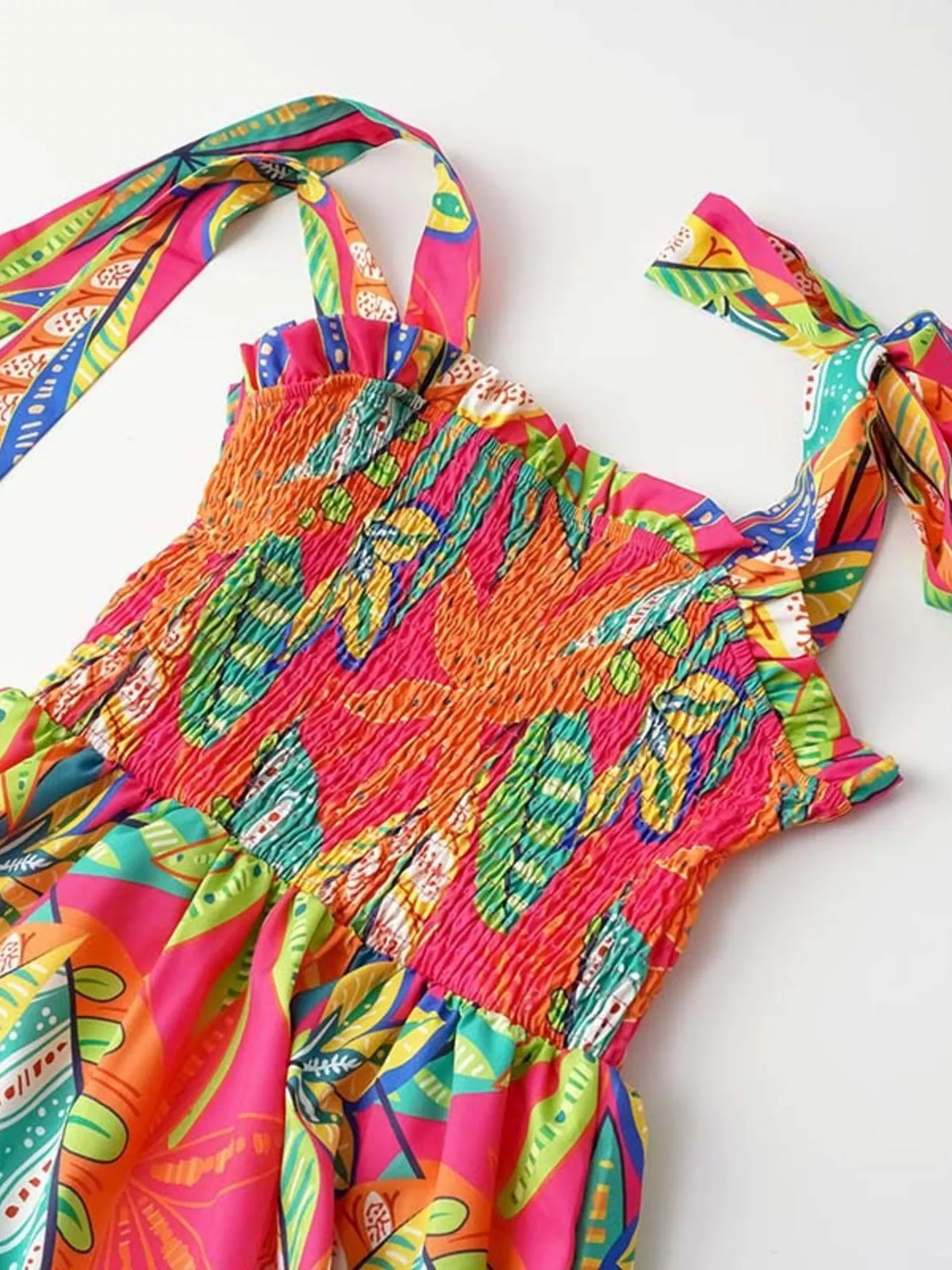 Tropical Print Smocked Tie-Strap Dress in Green
