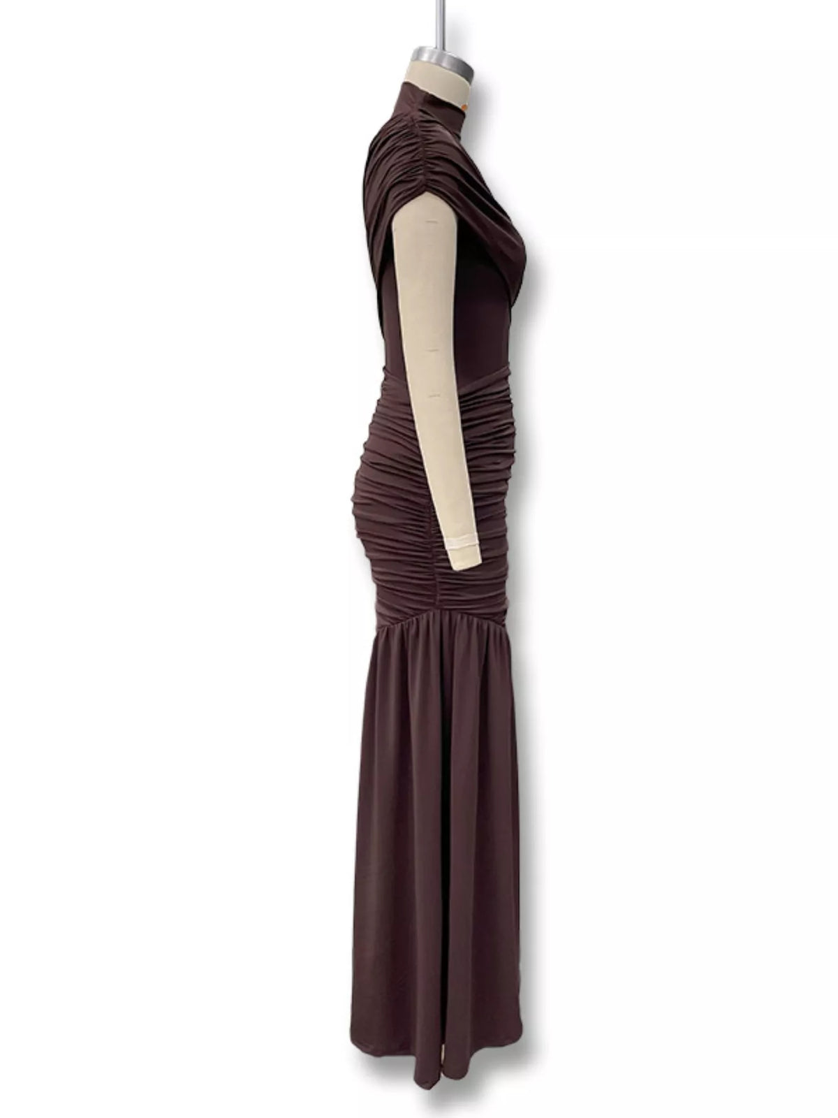 Ruched Mock Neck Dress in Dark Brown