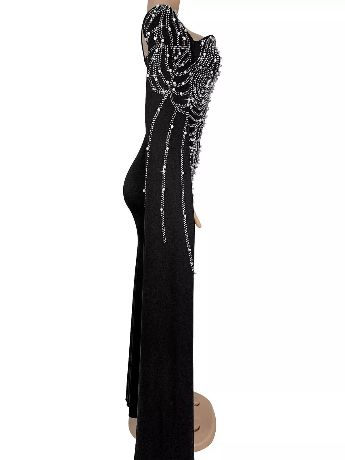 Rhinestone Pearl One-Shoulder Mermaid Dress in Black